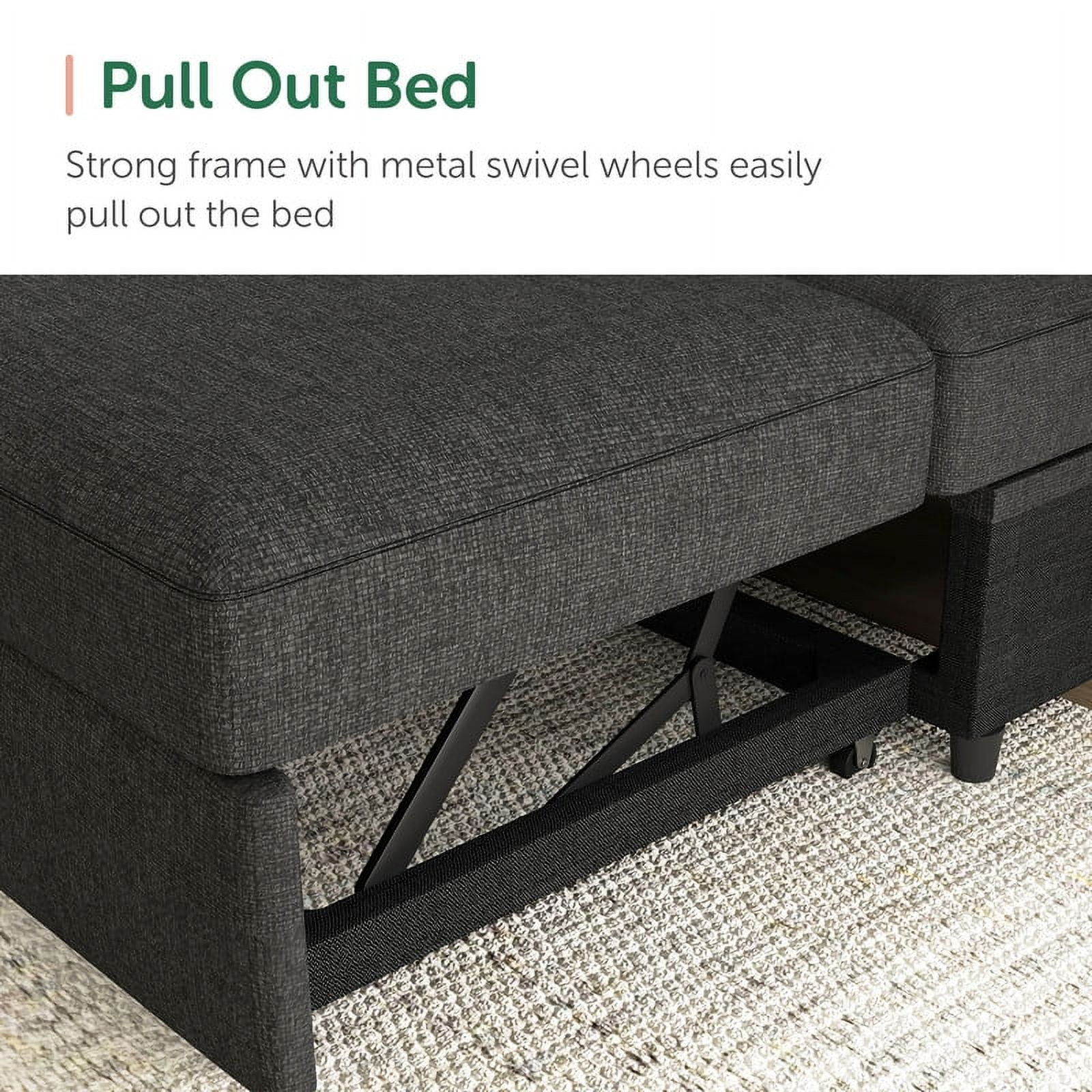 HONBAY Modern Convertible Sleeper Sectional Sofa Couch with Pull-out Bed and Storage Chaise, Dark Grey