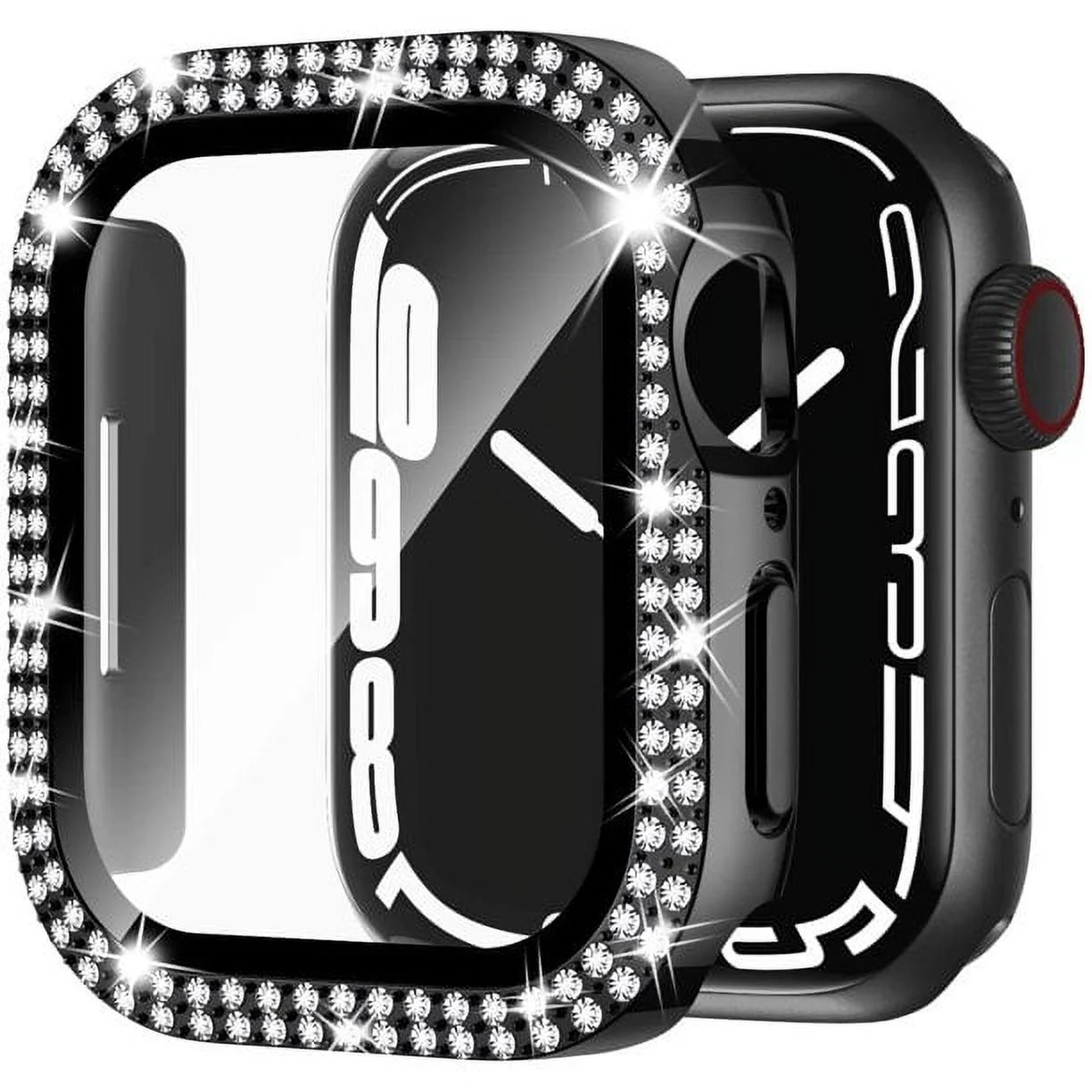 Apple Watch Case Series 8, Series 7 for 45mm Diamond Glitter Watch Case Built-in Tempered Glass Screen Protector, Guard Bumper Full Coverage Cover for Apple Watch Series 8 and Series 7, Black 45mm