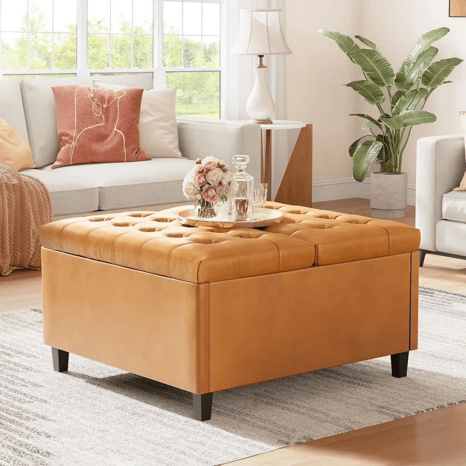 Dextrus 16.14''H Coffee Table Square Storage Ottoman, Brown Faux Leather