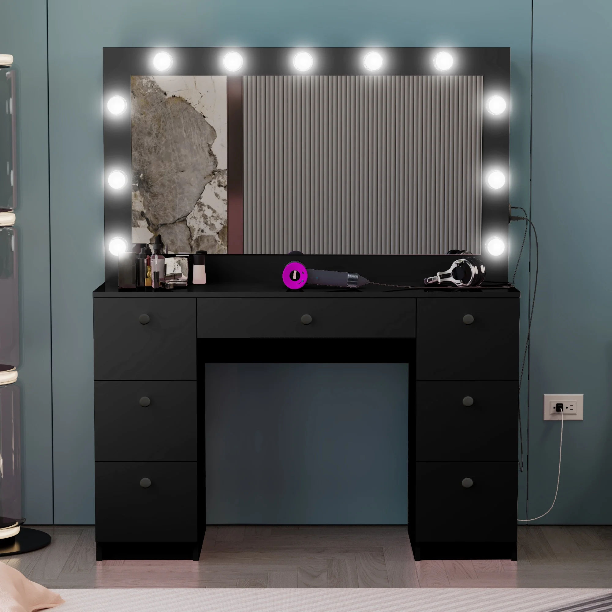 Ember Interiors Tammy Modern Black Painted Vanity Table, Lights, for Bedroom