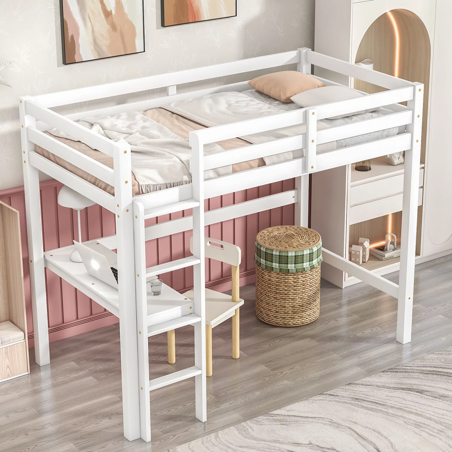 Syngar Twin Loft Bed Frame with Desk, Solid Pine Wood Twin Loft Bunk Bed Frame with Ladder for Boys Girls Teens Adults, No Box Spring Needed, Easy Assembly, White