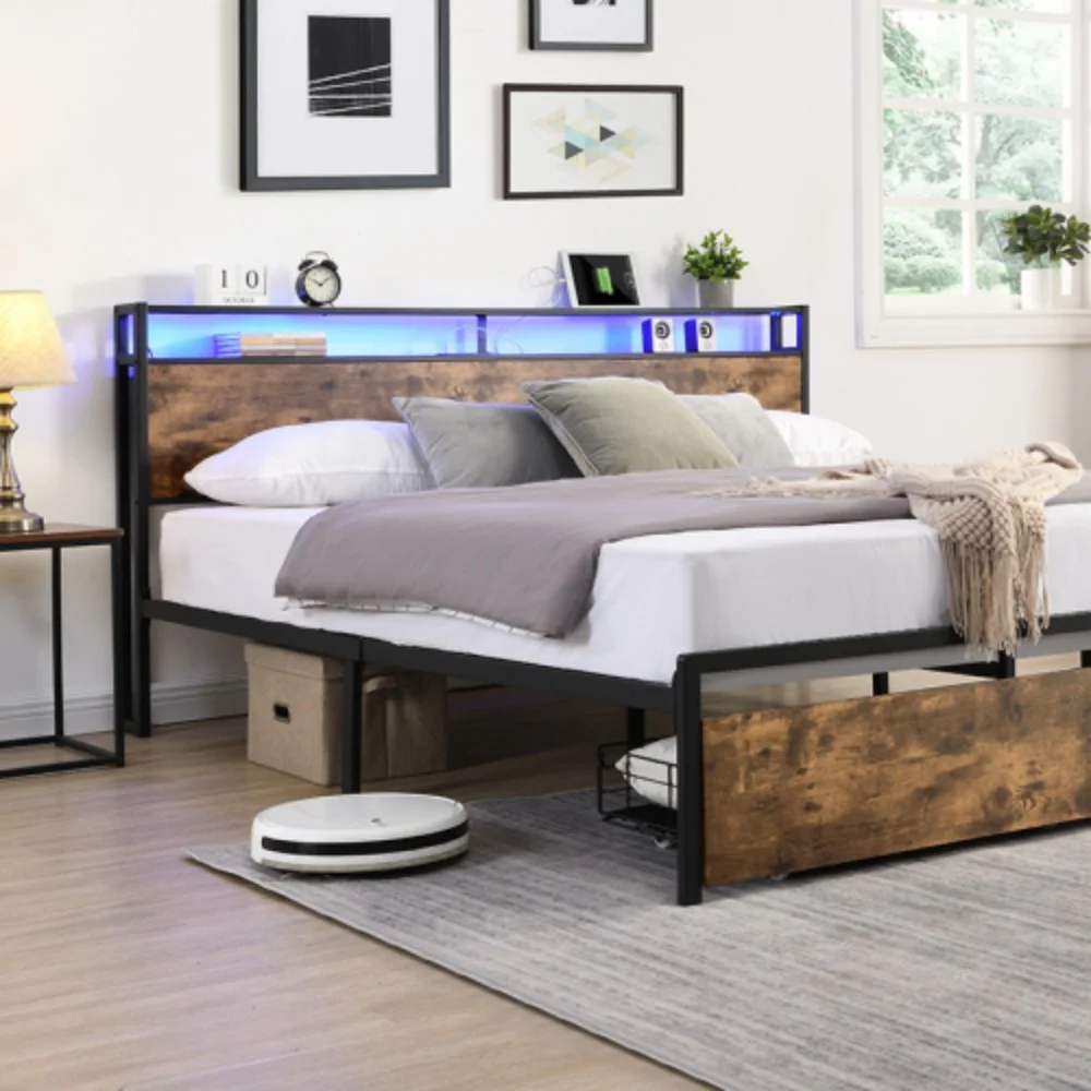 King Bed Frame, Storage Headboard with Charging Station, Solid and Stable, Noise Free, No Box Spring Needed, Easy Assembly  Antique brown + Metal & Wood + Bedroom + King + Bed Frame + Metal