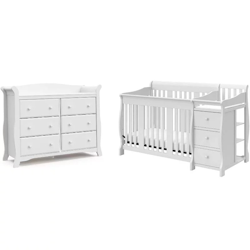 6-Drawer Double Dresser and Baby Crib with Changing Table Set in Pure White