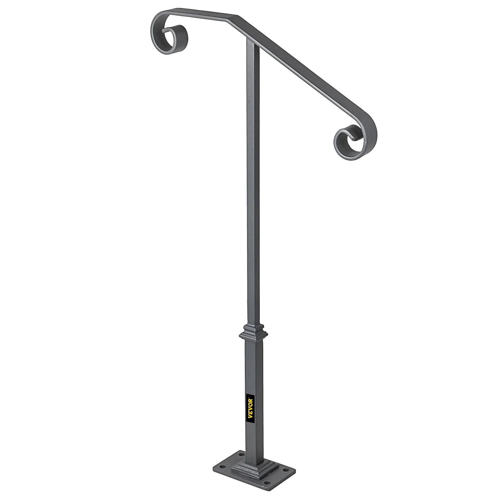 VEVOR Single Post Wrought Iron Handrail for 1-2 Outdoor Steps, Gray Transitional Stair Railing with Base for Concrete or Wooden Stairs