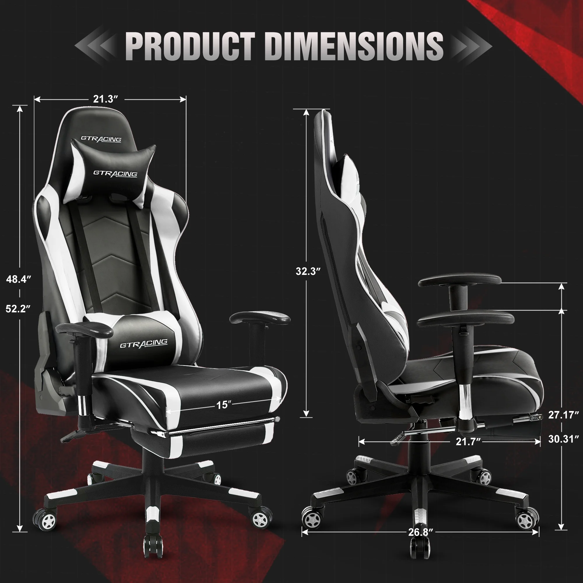 GTRACING Gaming Chair with Footrest PU Leather Office Chair with Adjustable Headrest, White