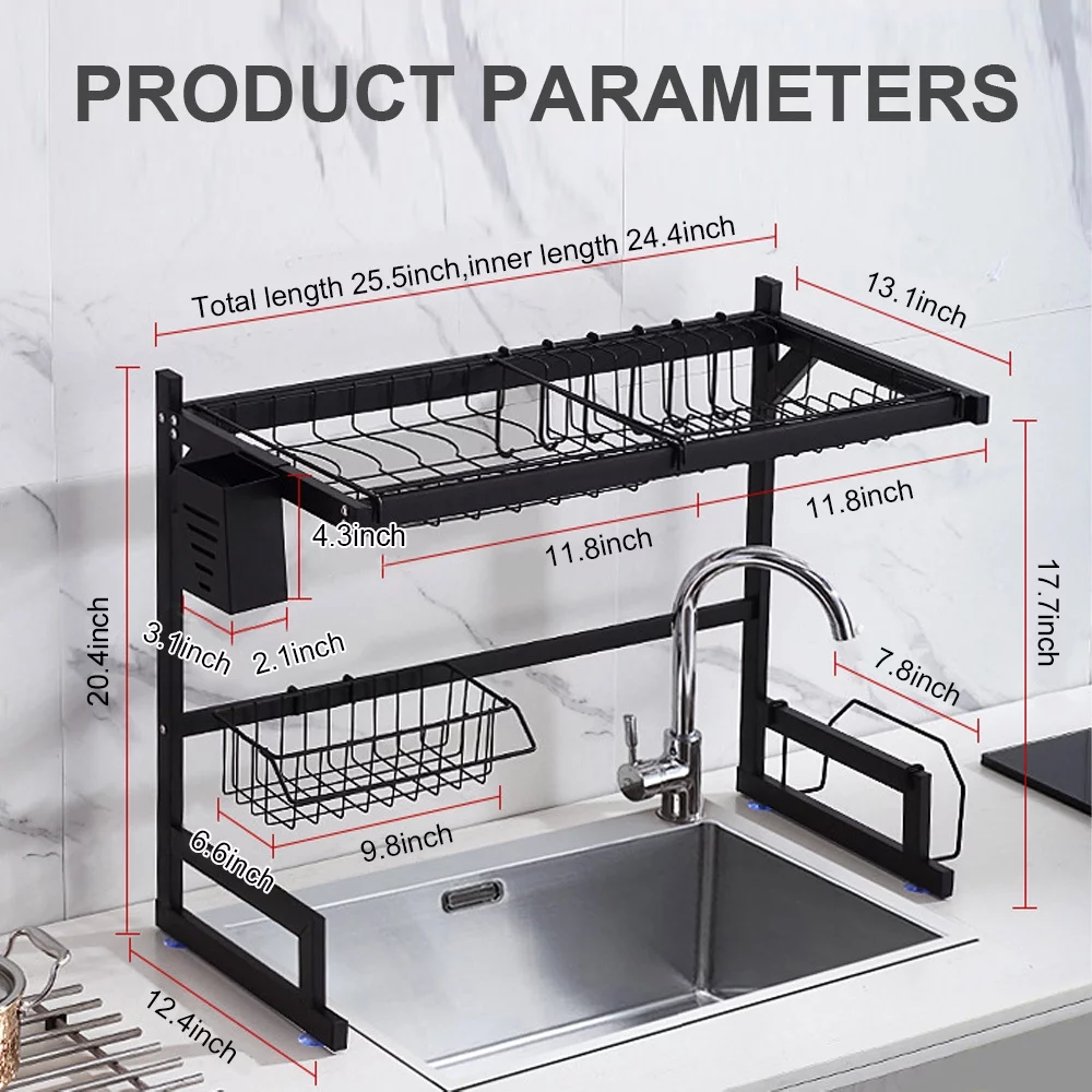 Dish Self Over the Sink Dish Racks for Kitchen Counter 2 Tier Full Stainless Steel Over Sinks Dry Rack , Multifunctional Over Sinks Shelf , Over Sinks Dish Drying Rack ,Black (Single Sink-85CM)