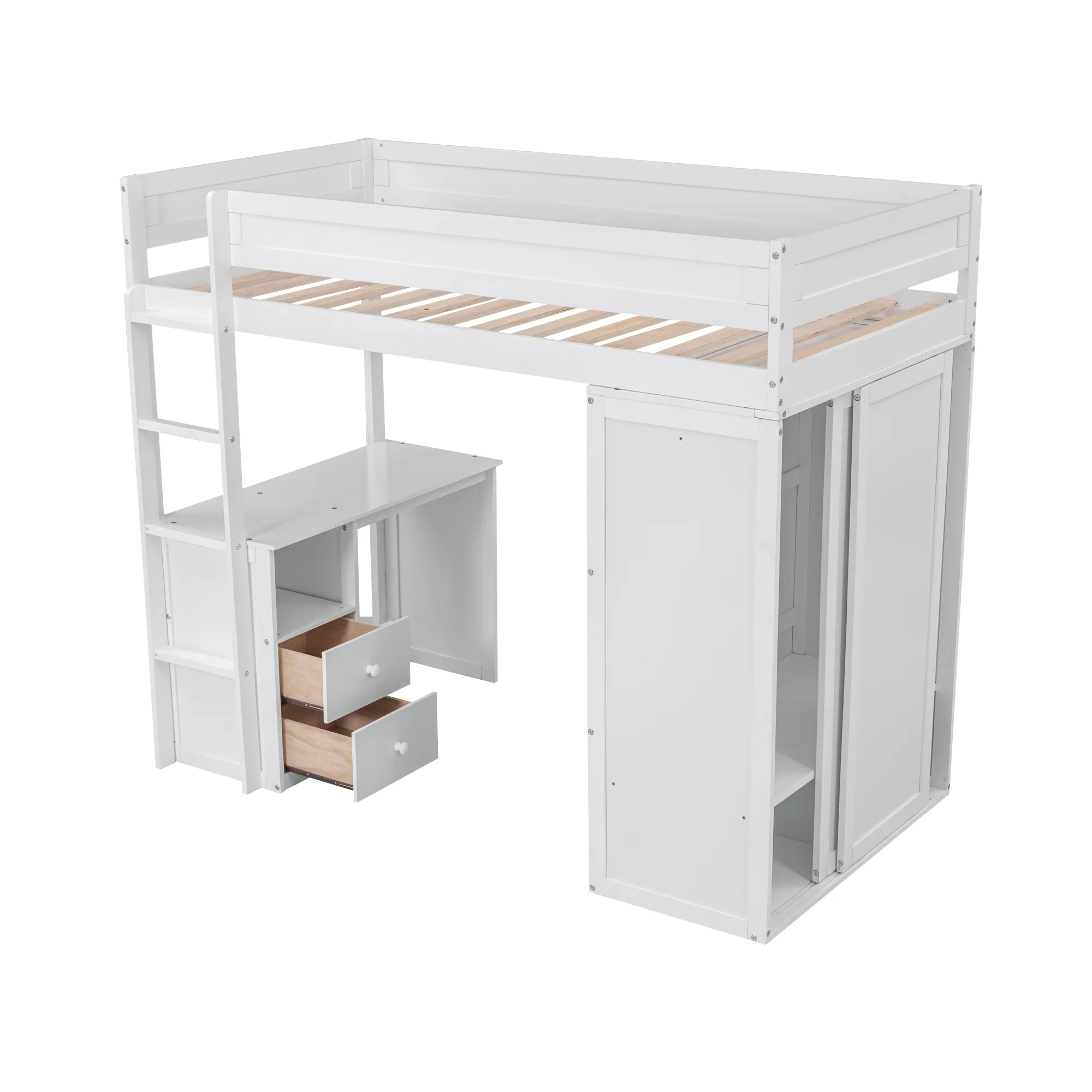 Twin Wood Loft Bed with Wardrobes and 2-Drawer Desk with Cabinet, Loft Twin Bed with Desk for Teenagers, Multiple Functions Bed, Easy to Assemble (White)