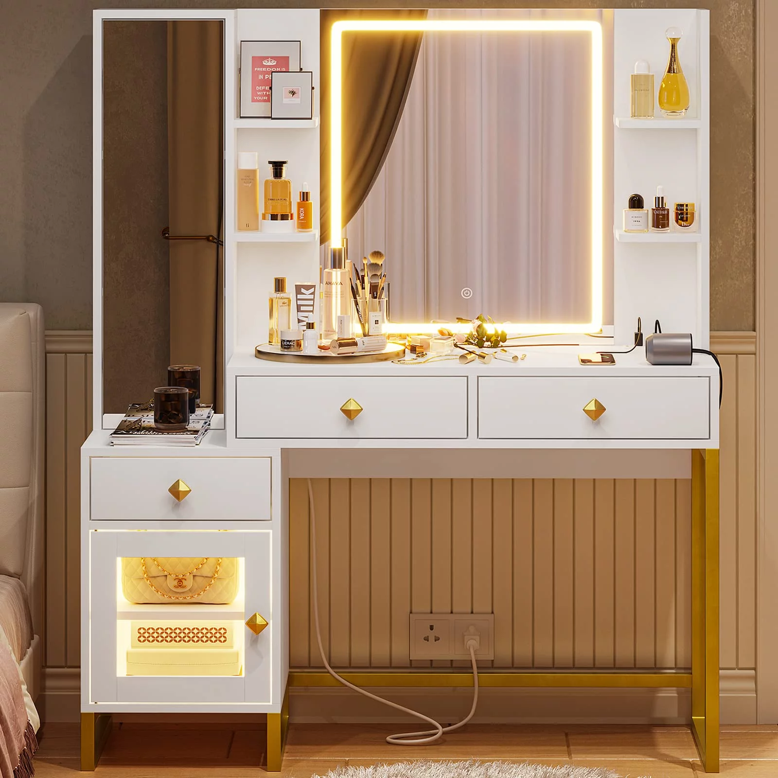 Makeup Vanity Desk with Lighted LED Mirror & Charging Station, Large LED Vanity Desk Dressing Table with 3 Drawers&RGB Cabinet&Nightstand for Women Girls, White&Gold