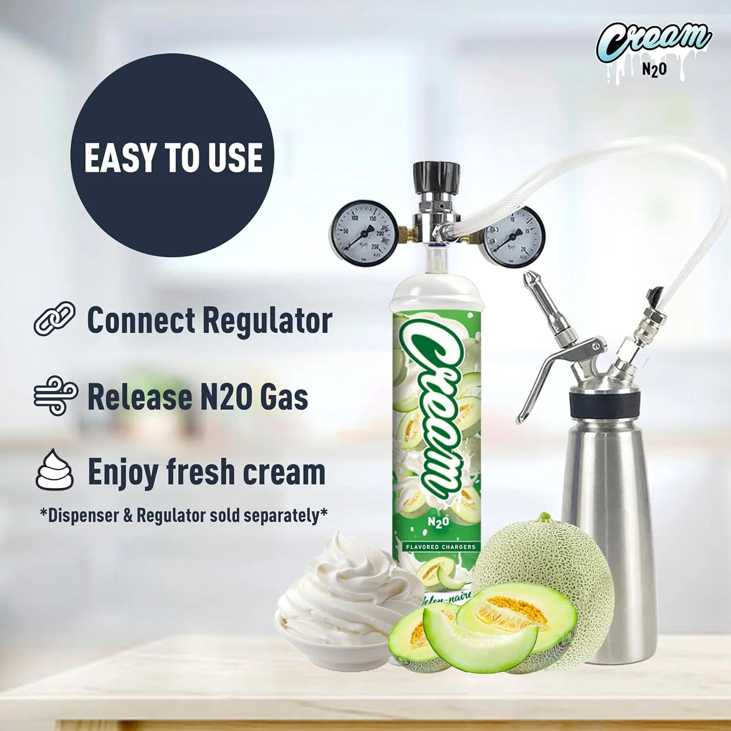 CREAM N2O Nitrous Oxide Whipped Cream Charger (Melon, 1pc, 640g 1.1L) - Nitrous Tank Whip Cream Charger, Nitrous Oxide Canister, N20 Whipped Cream Chargers, Whip It NO2 Cartridges, Nitrous Oxide Tank