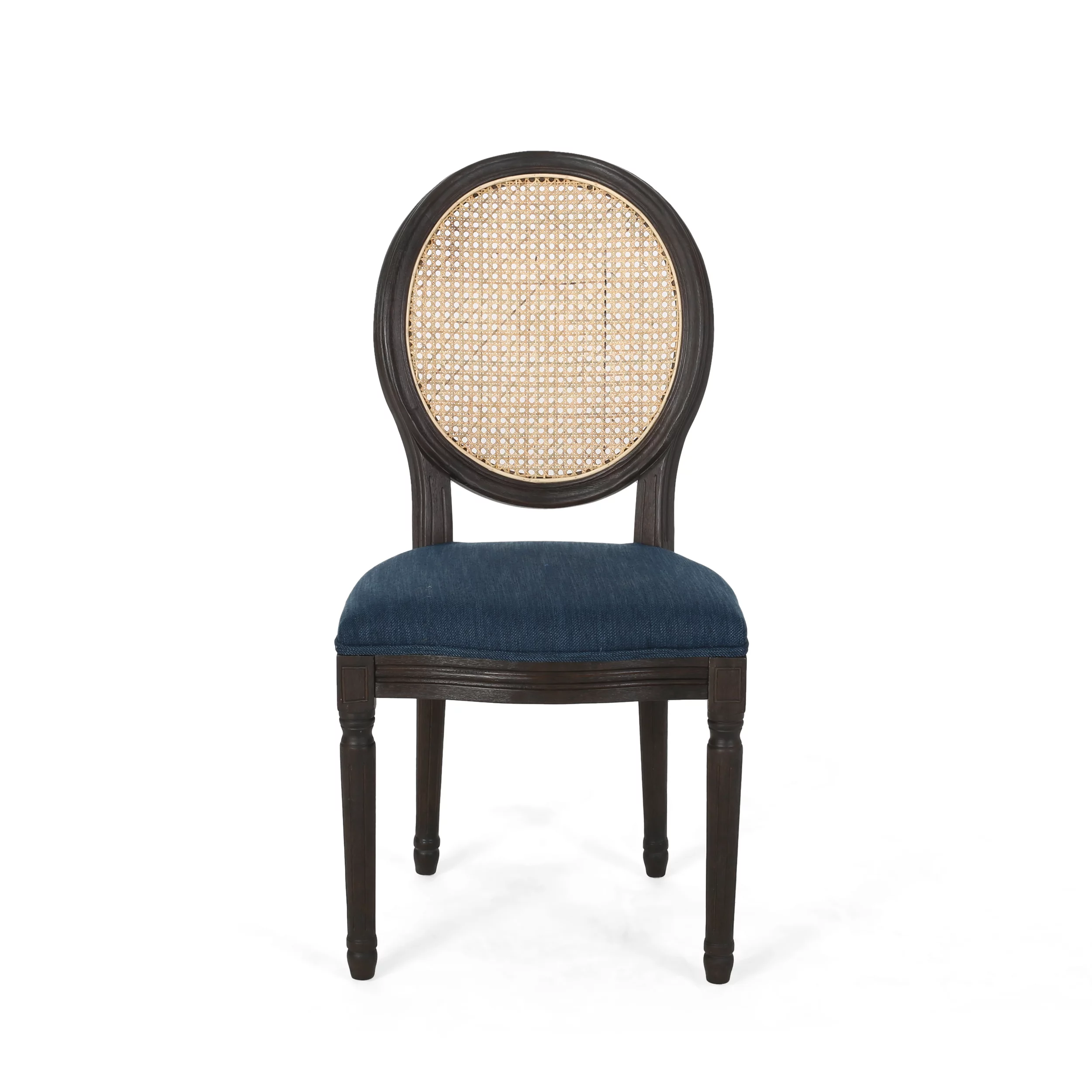 GDF Studio Towner French Country Fabric Wood and Cane Dining Chairs, Set of 2, Navy Blue, Natural, and Dark Brown