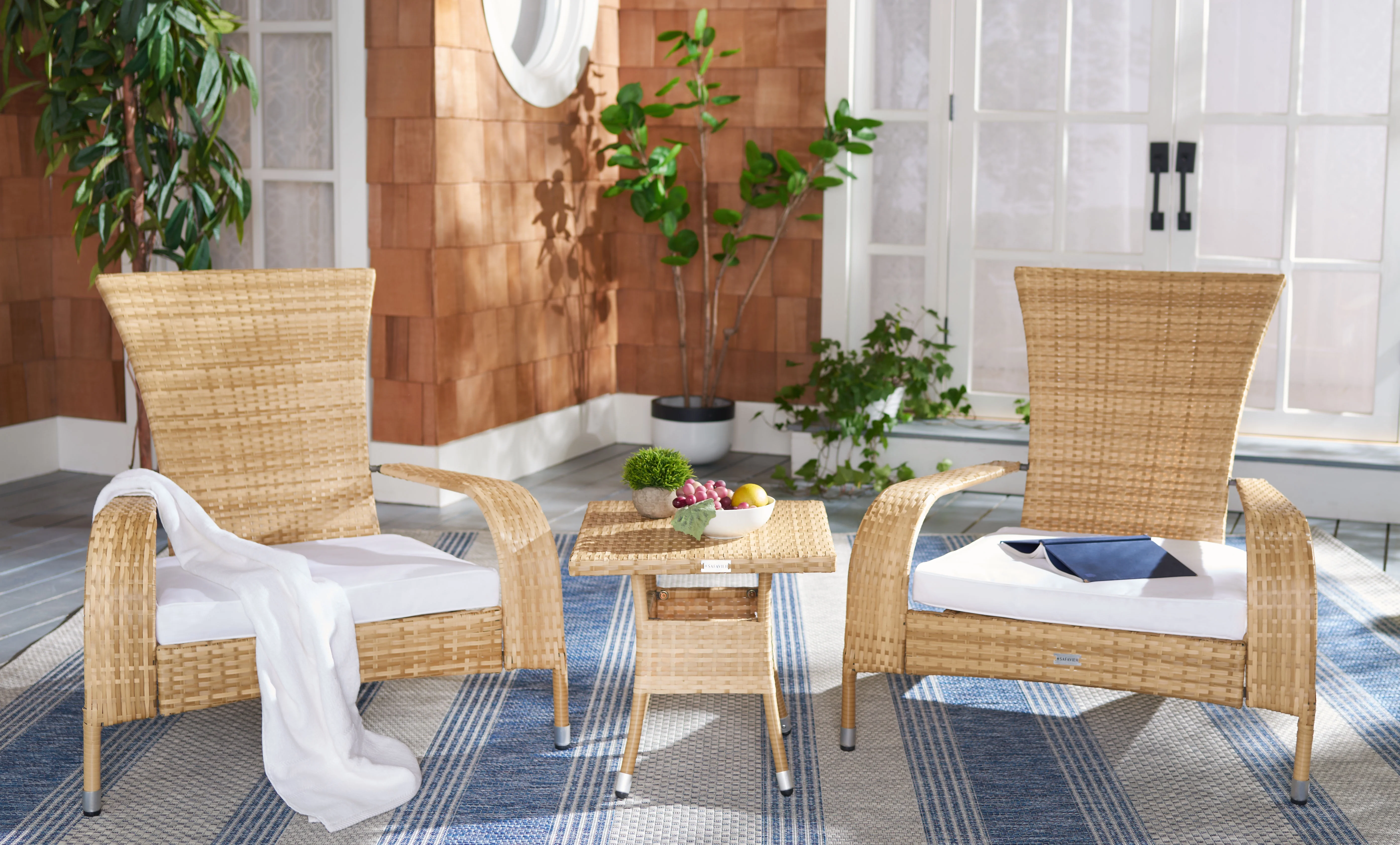 SAFAVIEH Edna Outdoor Patio 3 Piece Lounge Set, Natural/White