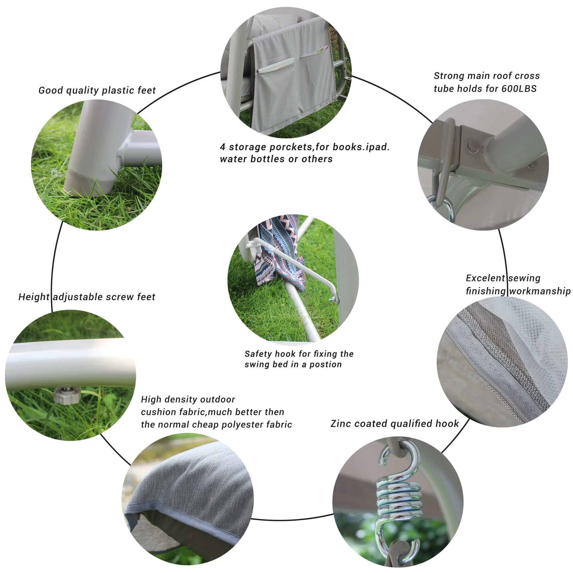 3-Seater Outdoor Convertible Canopy Swing Chair Bench Bed with Comfortable Cushion Seats for Patio Porch Garden