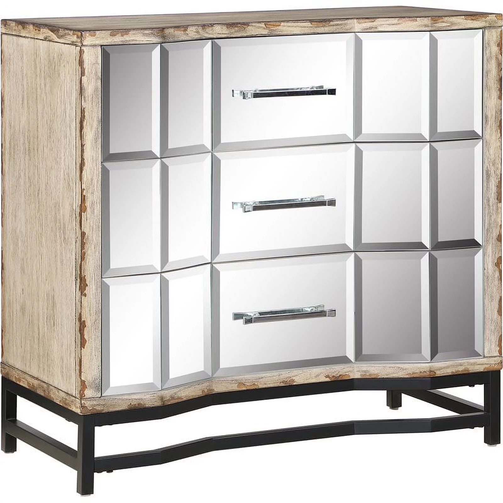 Pemberly Row Modern Aged Parchment & Mirror Three Drawer Chest