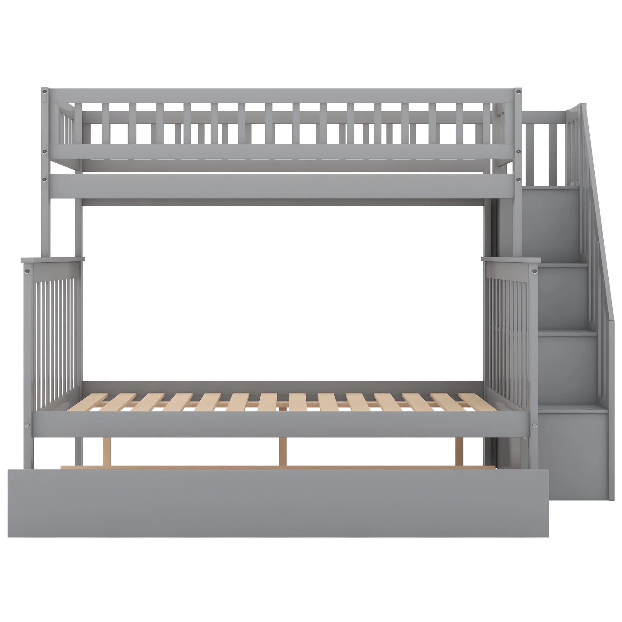 Leadzm Twin over Full Bunk Bed with Trundle and Staircase,Gray