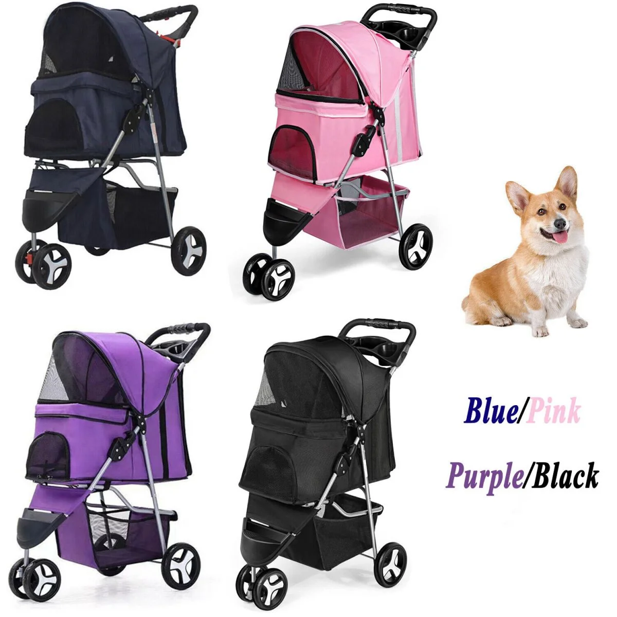 WSYW 3 Wheels Foldable Pet Stroller Cat Dog Travel Carrier Breathable with Basket Purple