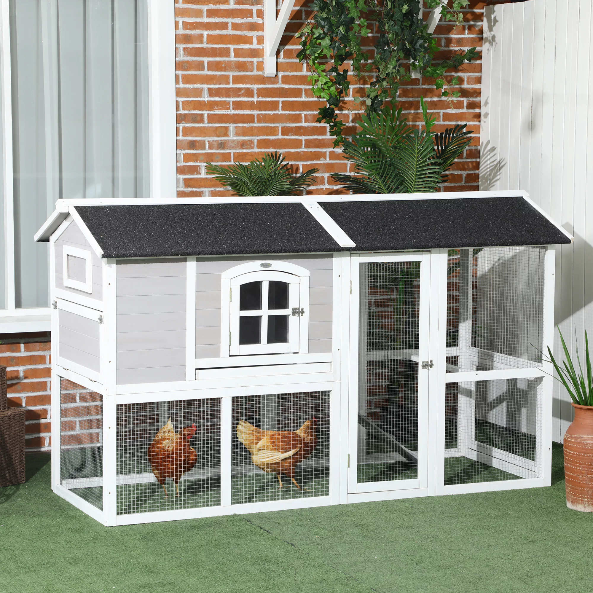 PawHut Wooden Chicken Coop with Run, Tray, 77.5