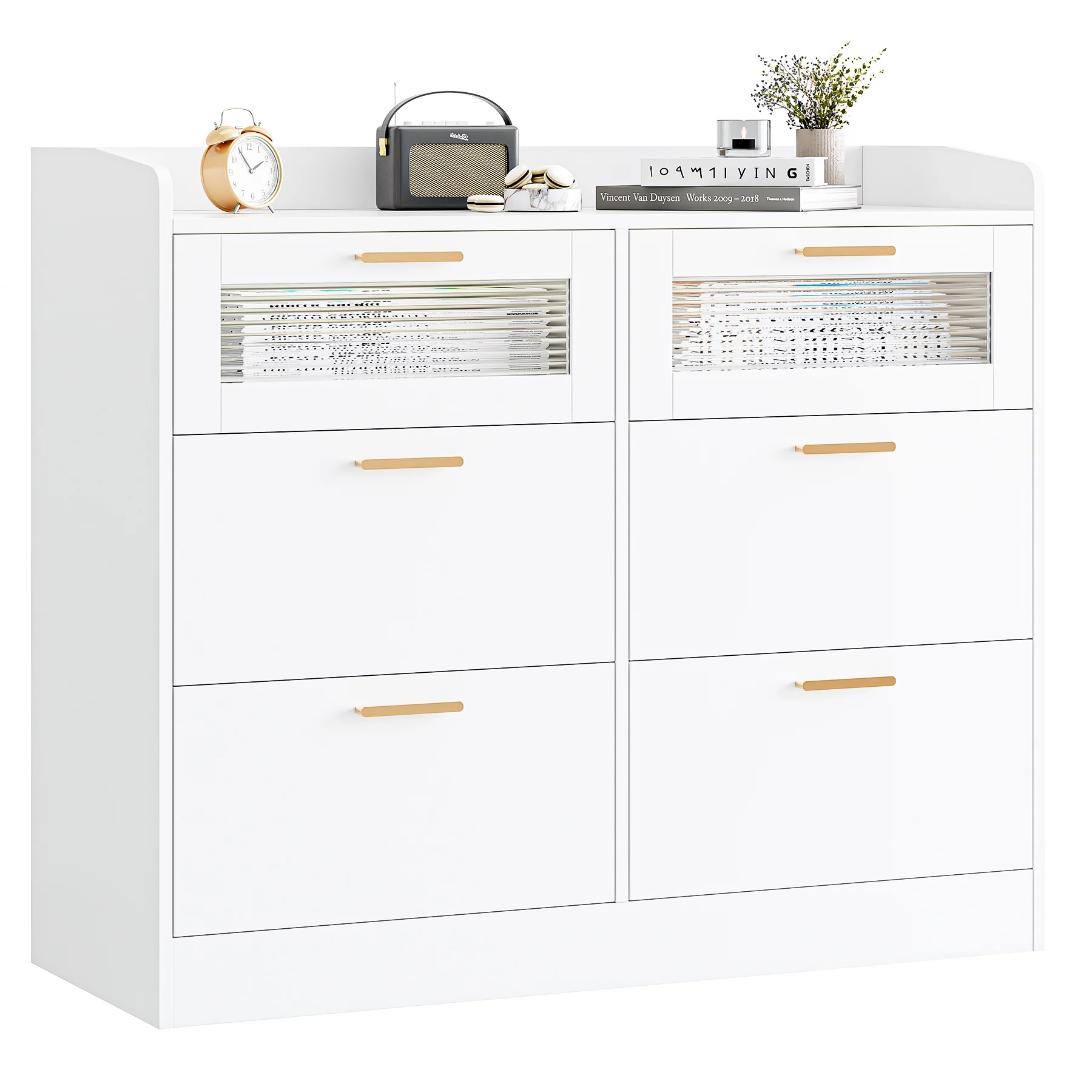 Homfa 6 Drawer Double Dresser with Fence, White Chest of Drawers with Wavy Glass, Wooden Storage Cabinet for Bedroom