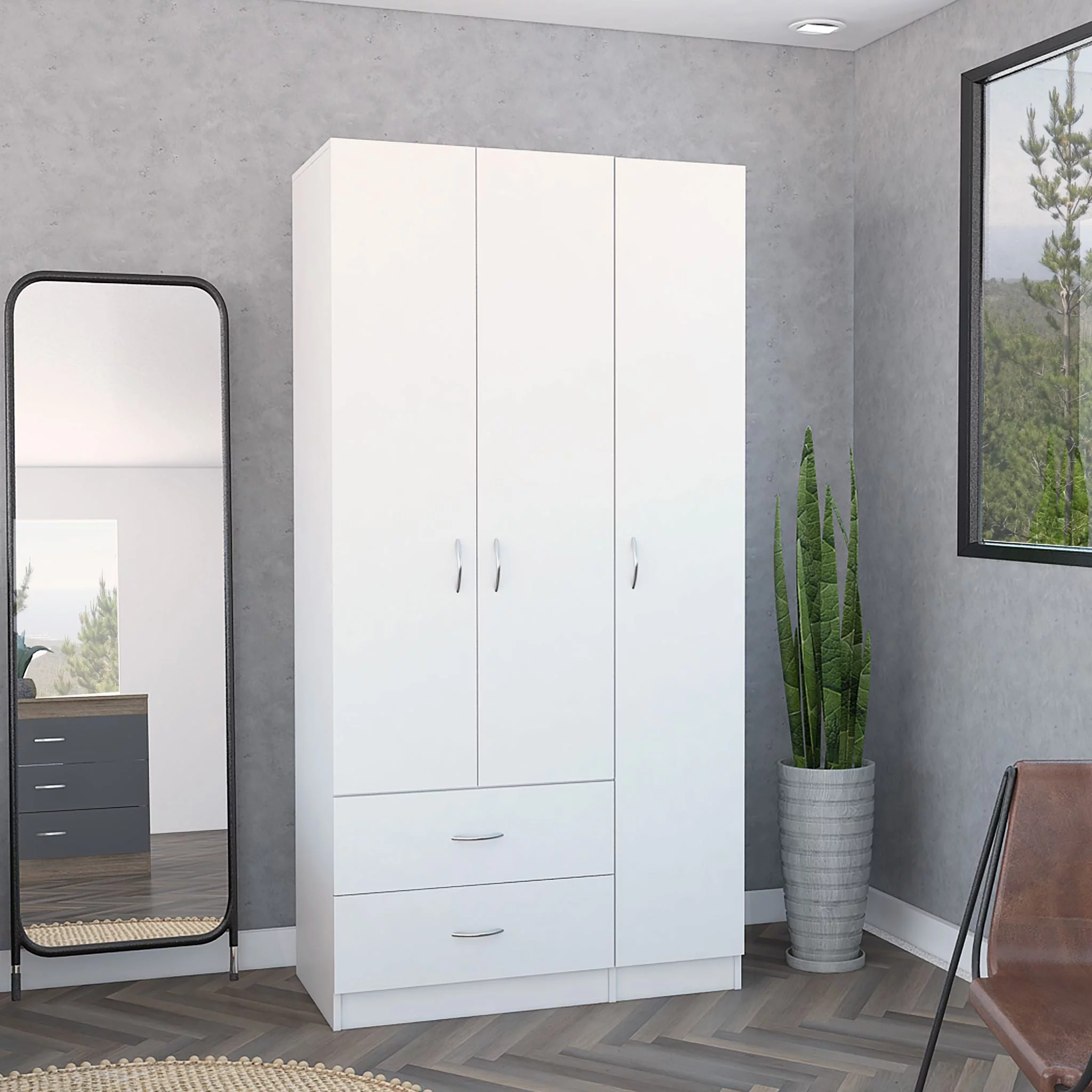 Boahaus Frankfurt Modern Bedroom Armoire 3 Opening Doors 2 Drawers White for Adults
