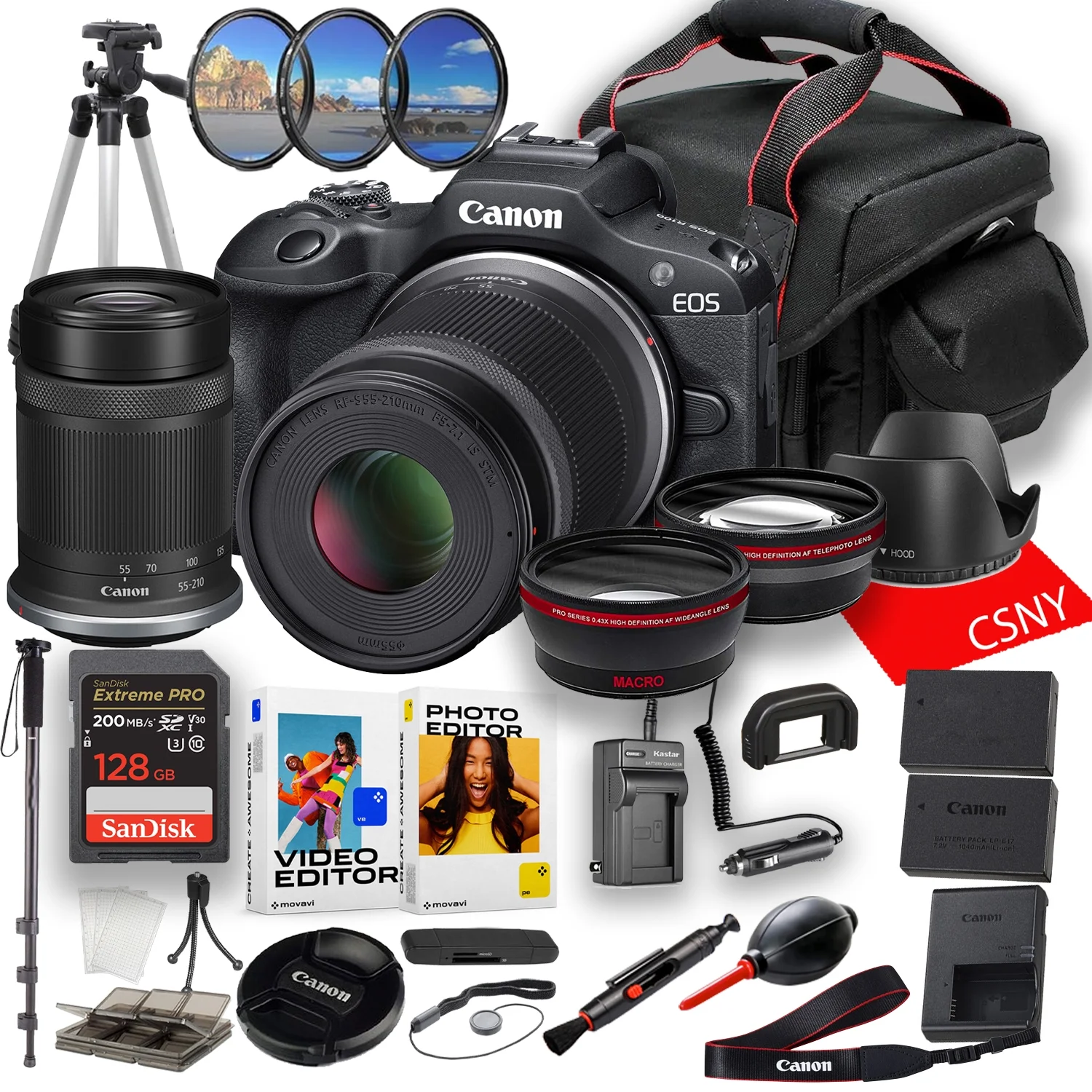 Canon EOS R100 Mirrorless Camera with 55-210mm Lens + 128 GB Memory + Pro Series 0.43x Af Wideangle Lens + Pro Series 2.2x Af Telephoto Lens + Filters + Tripod + More (26pc Bundle)
