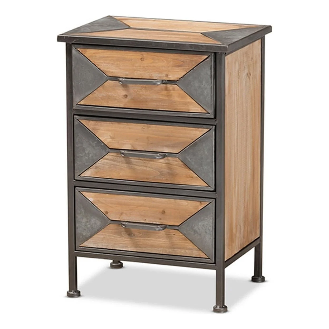 Baxton Studio Laurel Rustic Industrial Antique Grey Finished Metal and Whitewashed Oak Brown Finished Wood 3-Drawer