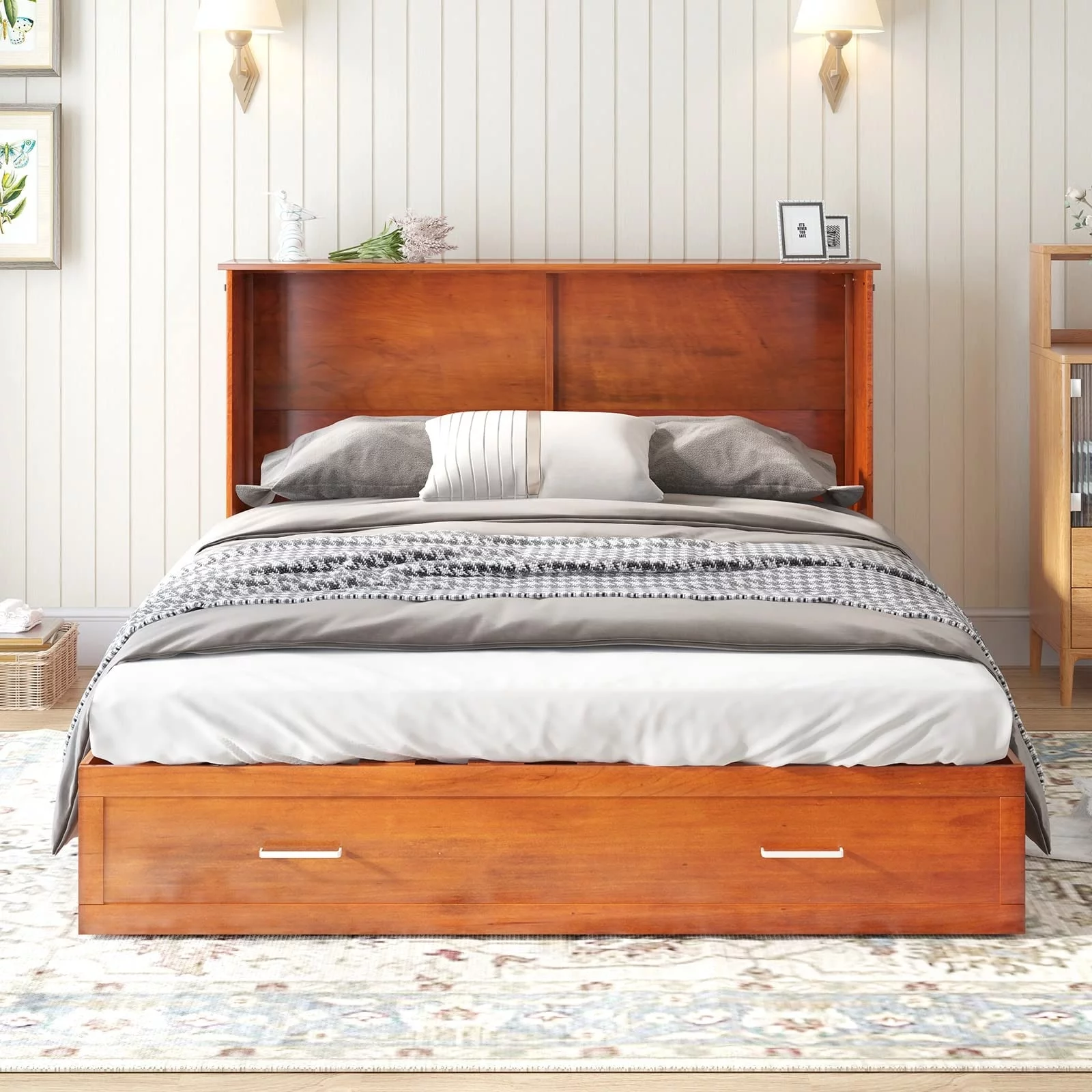 Mixoy Cabinet Murphy Bed Chest with Mattress,Charging Station,Drawers Cherry