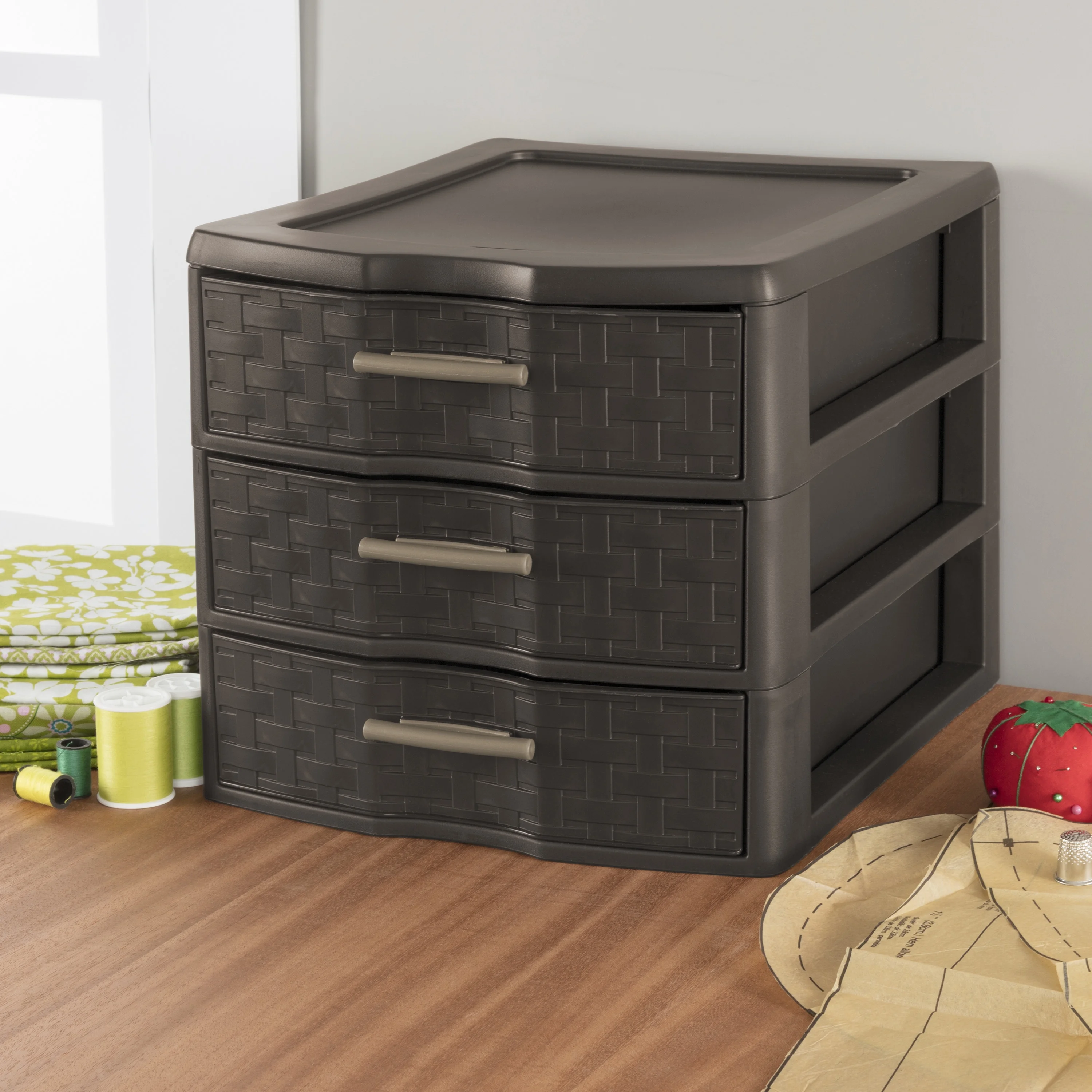Sterilite Medium Weave 3 Drawer Unit Plastic, Espresso, Set of 4