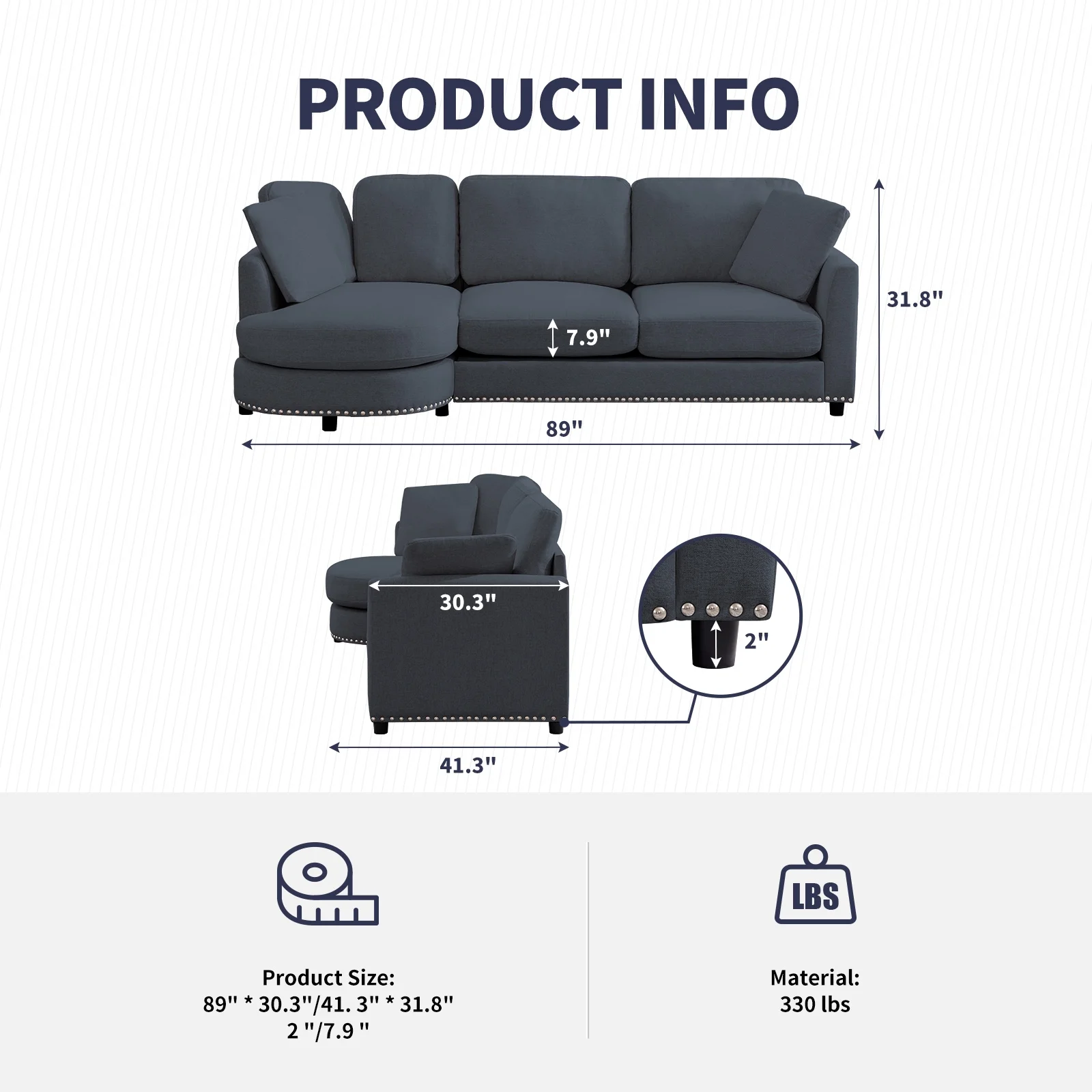 ZAFLY 3 Seater Sofa Couch, L Shaped Couch with Chaise, Curved Couches for Living Room - Dark Grey
