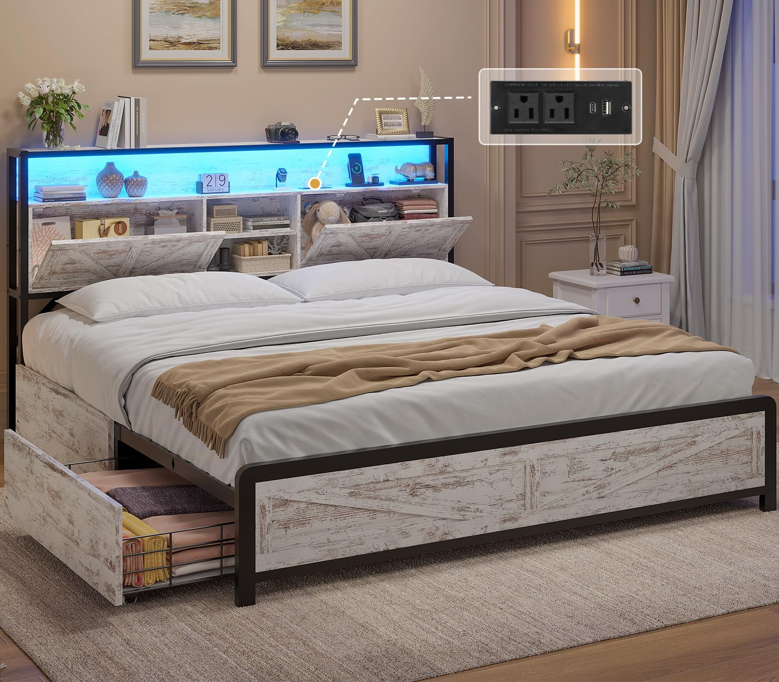 Queen LED Bed Frame with Charging Station and 4 Drawers, Metal Platform Bed Frame with Hidden Storage Headboard, No Box Spring Needed, Old White