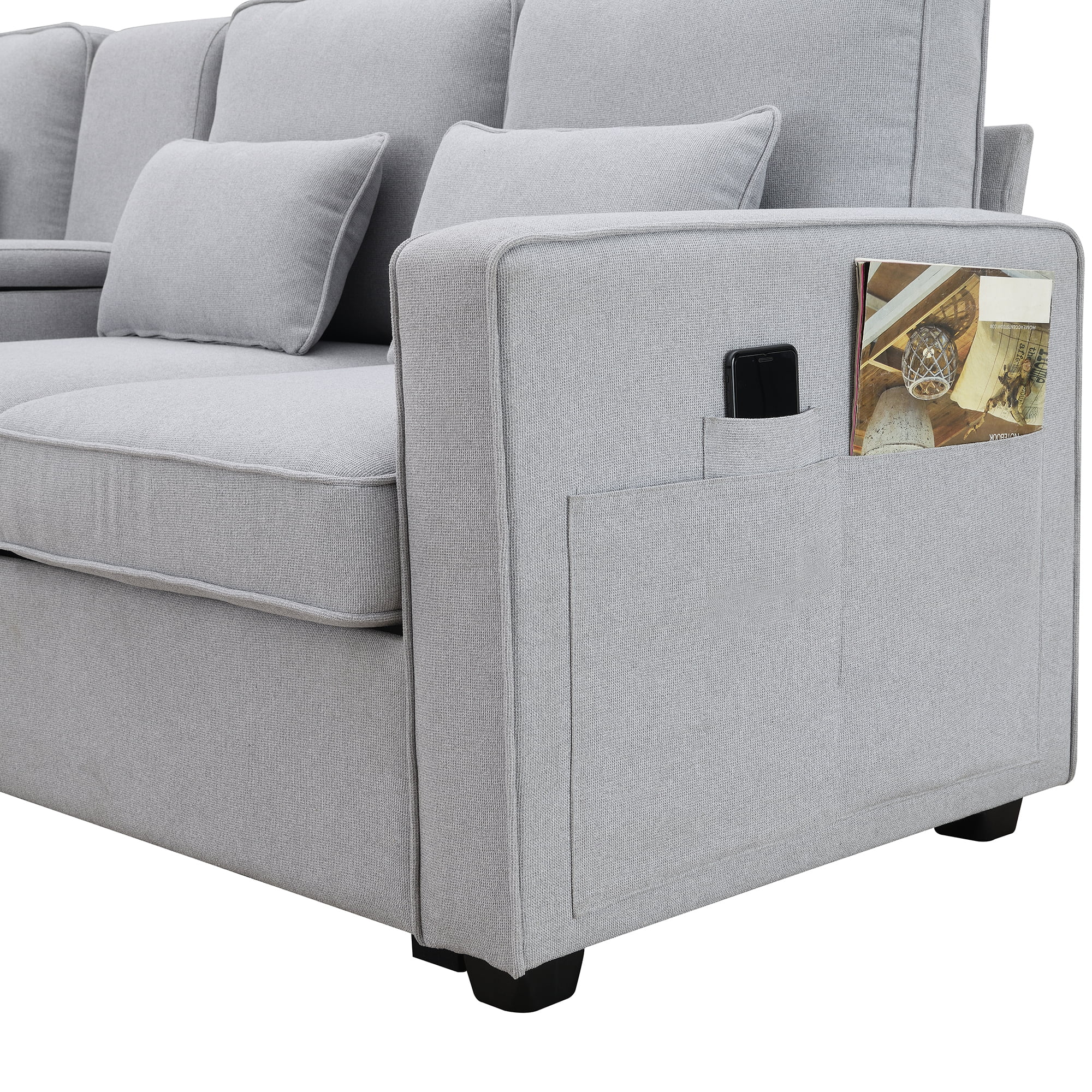 Modern 4 Seater Large Sofa with Console, Linen Fabric Upholstered Couch with USB Charging Ports Cup Holders for Living Room Office