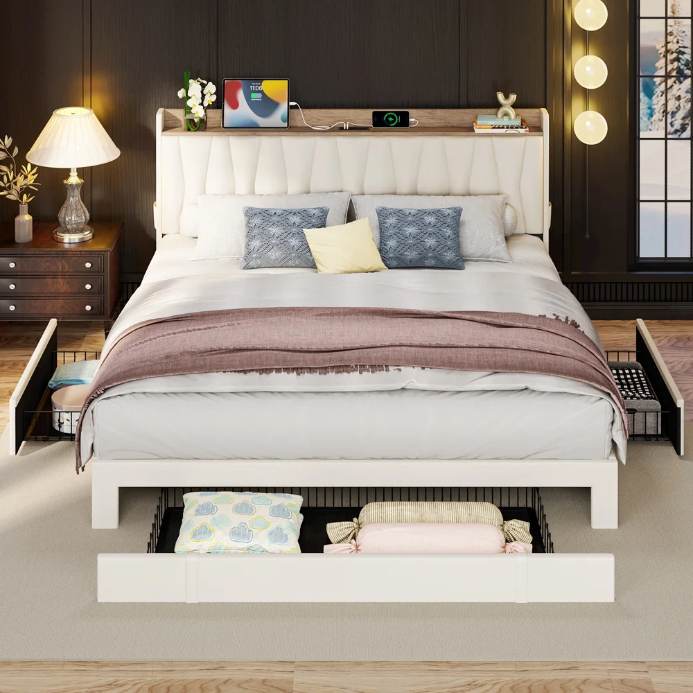 ANCTOR King Size Bed Frame with 3 Drawers, Upholstered Storage Headboard and Charging Station, No Box Spring Needed, Easy Assembly