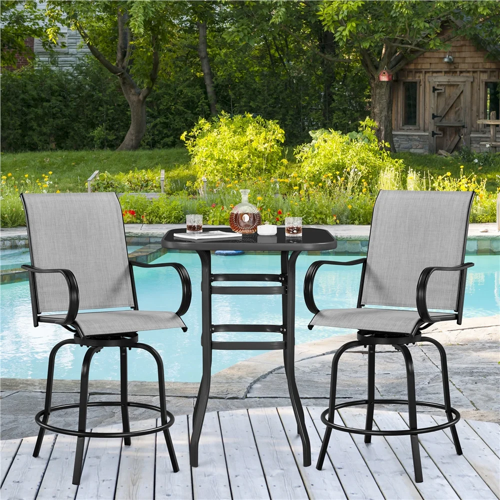 Yaheetech Outdoor Swivel Texteline Bar Stools with Armrest and Footrest, Set of 2, Black/Light Gray