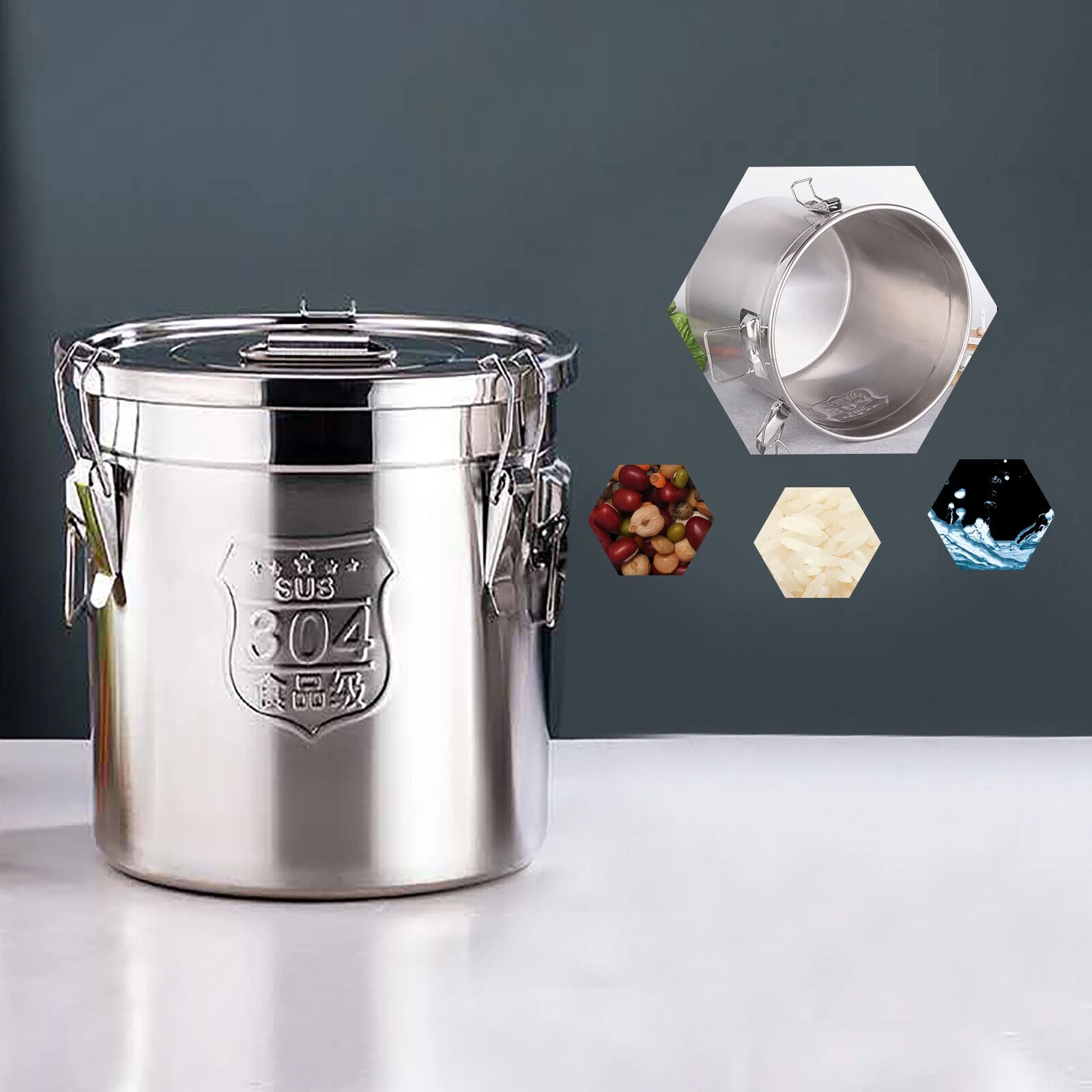 Silver 6L Household Stainless Food Barrel Bucket Dry Food Storage Container with Lid