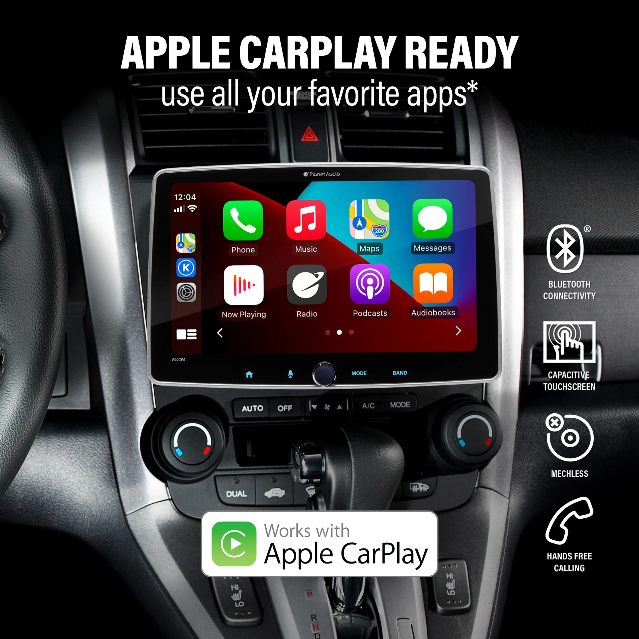 Planet Audio P90CPA Car Stereo - Apple CarPlay, Android Auto, Single Din, 9 Inch Capacitive Touchscreen, Bluetooth, No CD DVD Player, AM/FM Radio Receiver