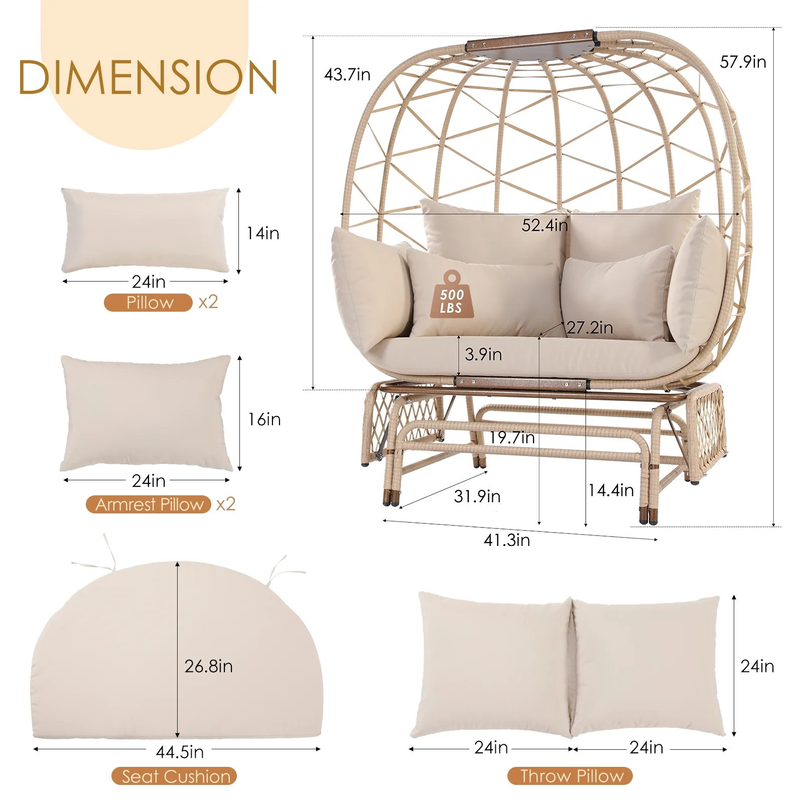 NICESOUL Double Wicker Rocking Egg Chair Indoor Outdoor Oversized Egg Basket Lounge Chair for 2 Persons with Legs, Patio Egg Chair with Thick Cushions 500lbs Egg Shaped Loveseat Bedroom(Beige)