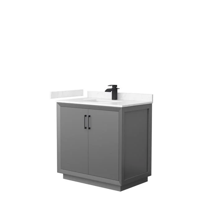 36 in. Strada Single Bathroom Vanity, Dark Gray, Carrara Cultured Marble Countertop, Undermount Square Sink & Matte Black Trim