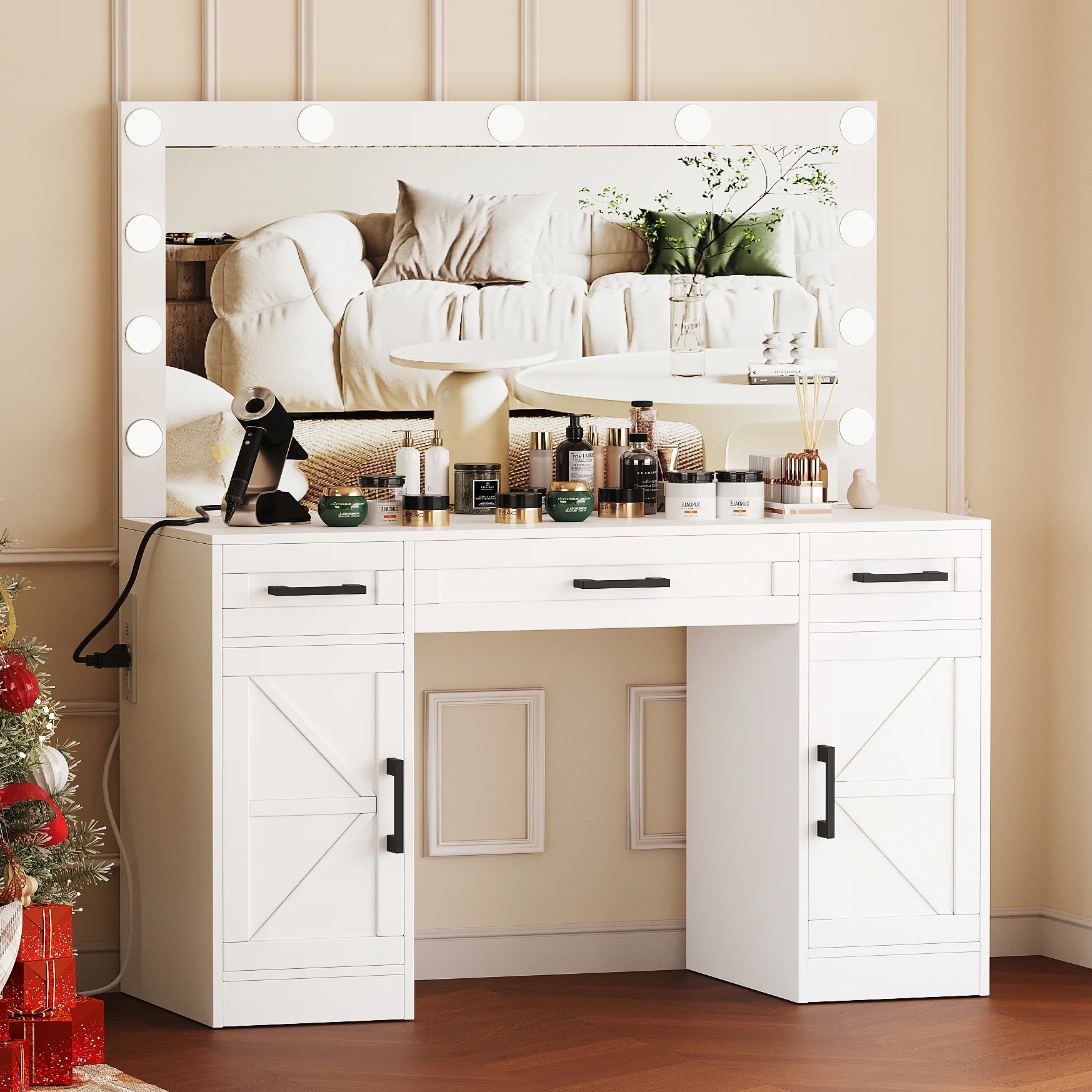 Rovaurx Farmhouse Vanity Desk with Large Lighted Mirror, Makeup Vanity with 3 Drawers and Cabinet, Vanity Table with Charging Station, 3 Color Lighting Modes, White RSZT111W
