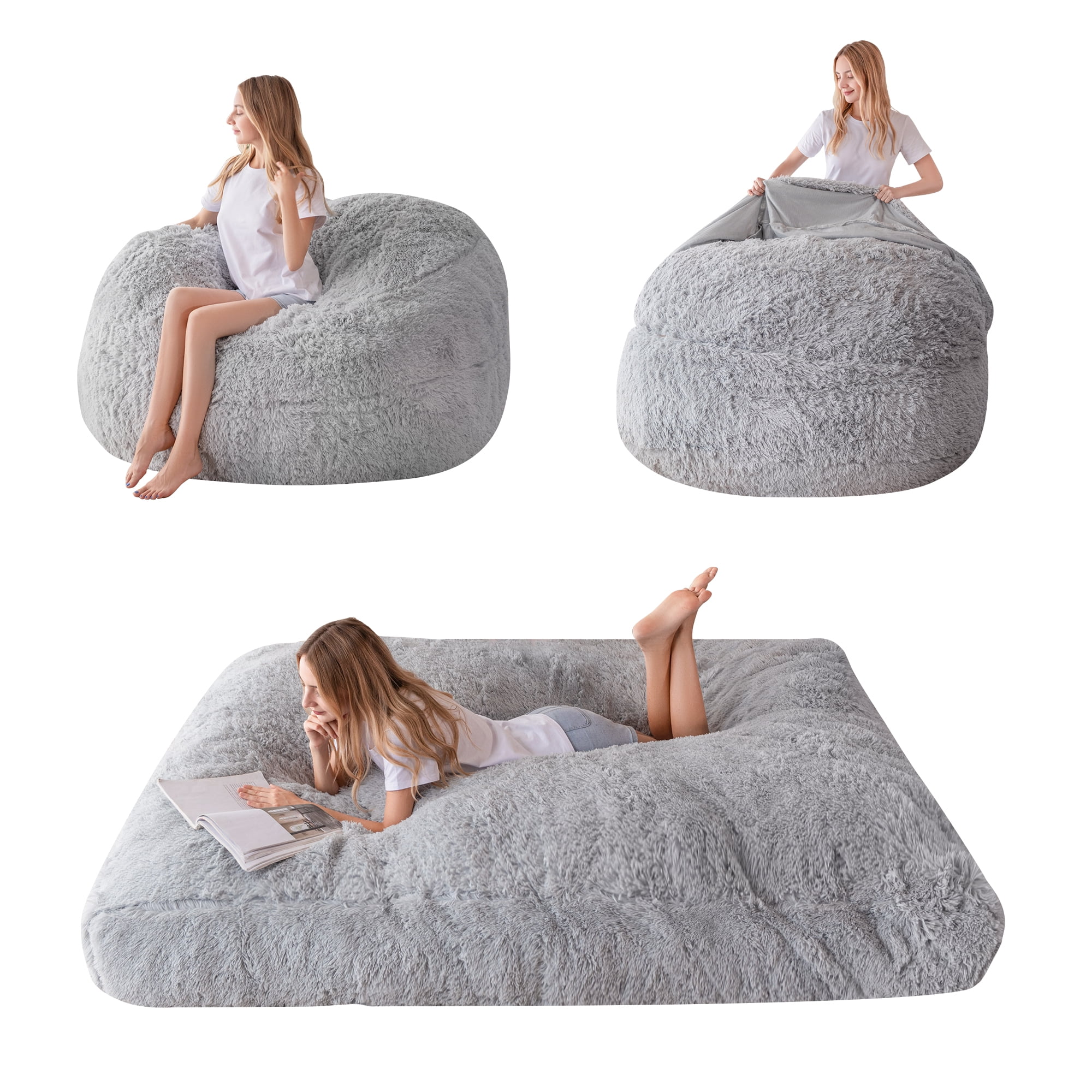 BYBYME Giant Bean Bag Chair Bed for Adults, Convertible Beanbag Folds from Lazy Chair to Floor Mattress Bed, Large Floor Sofa Couch, Big Sofa Bed, High-Density Foam Filling, Machine Washable,Full