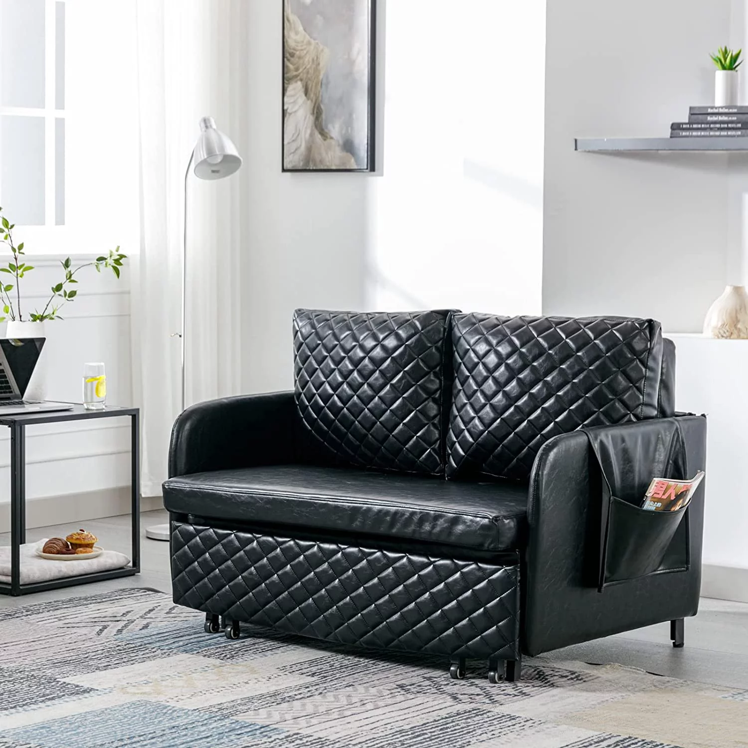 Tabaray Leather Loveseat Sleeper Sofa Bed,2 Seat Arm Chair with Side Pocket and Cushions,Mini Pull Out Couch for Bedroom,Office,Living Room,Small Space (Black Leather)