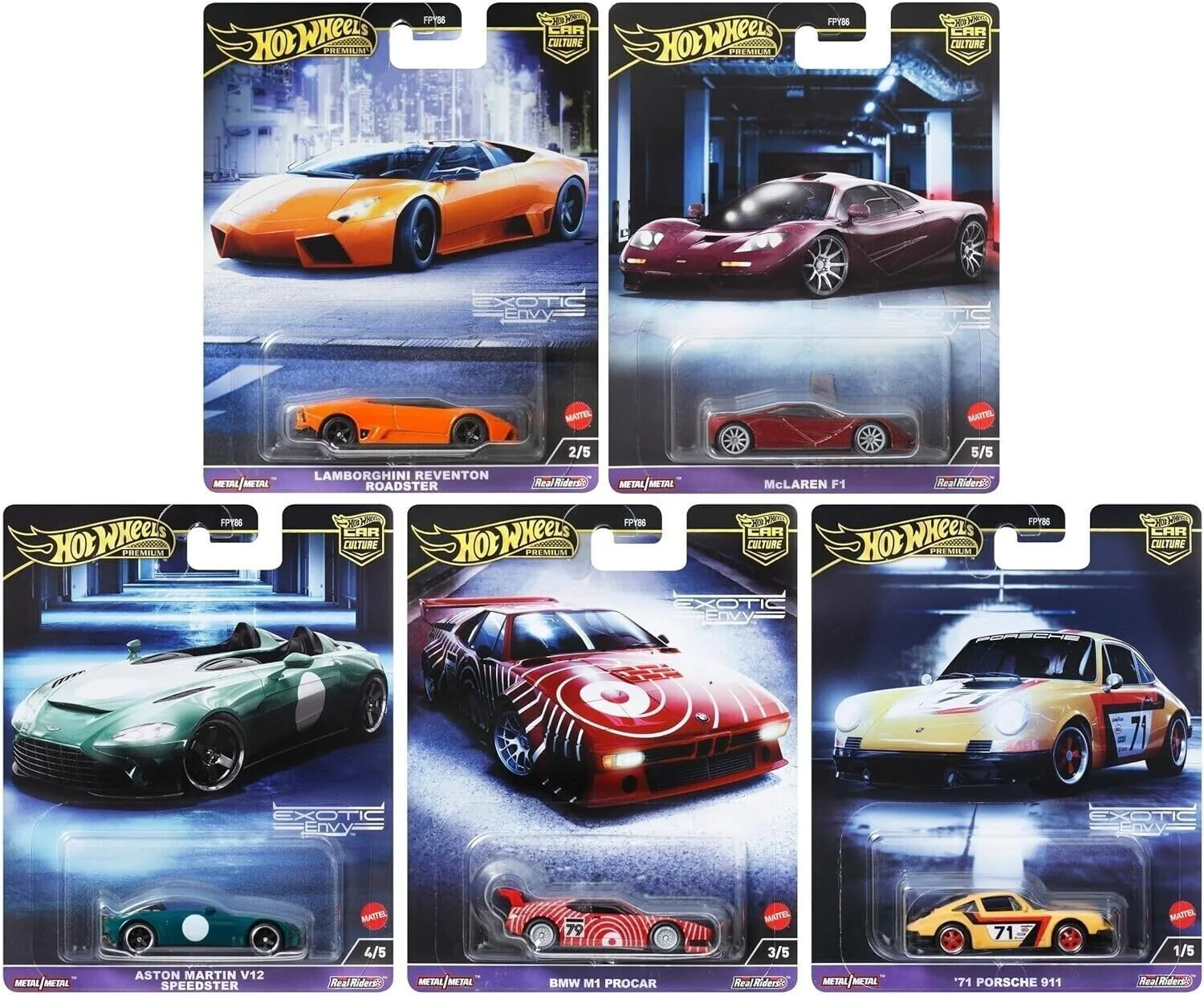 Hot Wheels Premium Car Culture 2024 Exotic Envy Set of 5, 1:64 Diecast Model Cars FPY86-959G