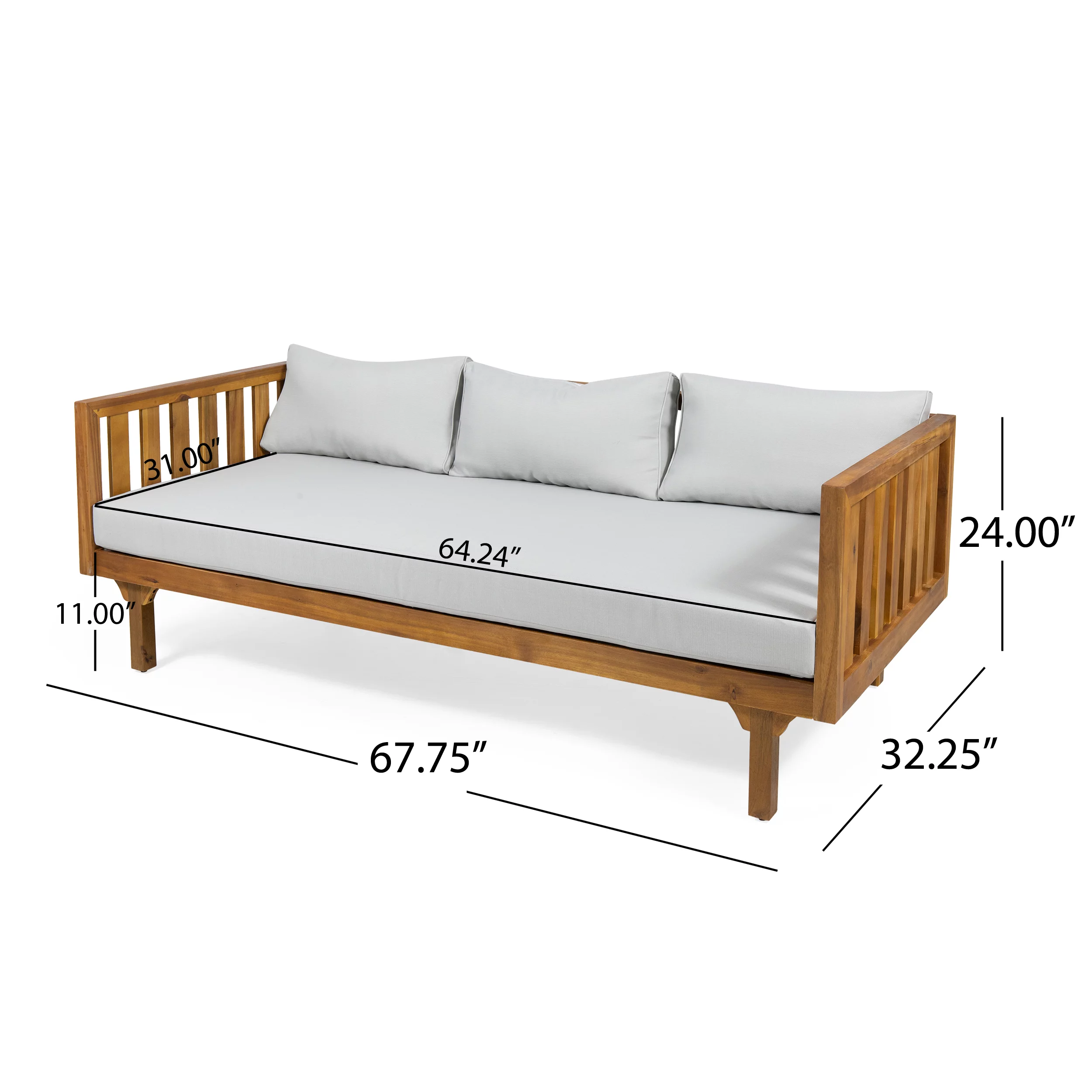 GDF Studio Bordeaux Outdoor Acacia Wood 3 Seater Daybed with Cushions, Teak and Light Gray