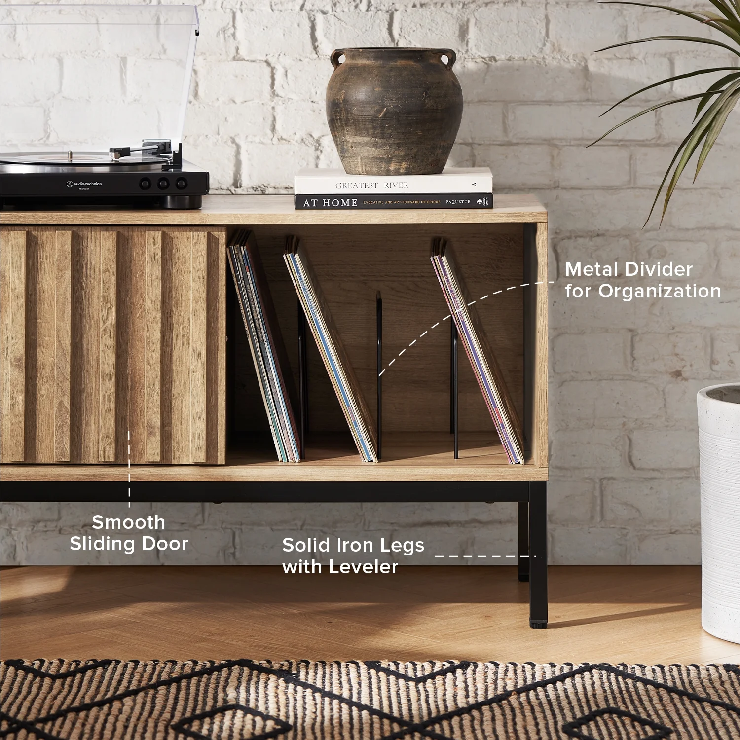 Mopio Norwin Record Player Stand with Vinyl Record Storage, Rustic Turntable Stand, Media Storage, Fluted Waveform Stereo Cabinet, Small TV Stand, Removable Dividers, Sturdy Metal Legs, Living Room