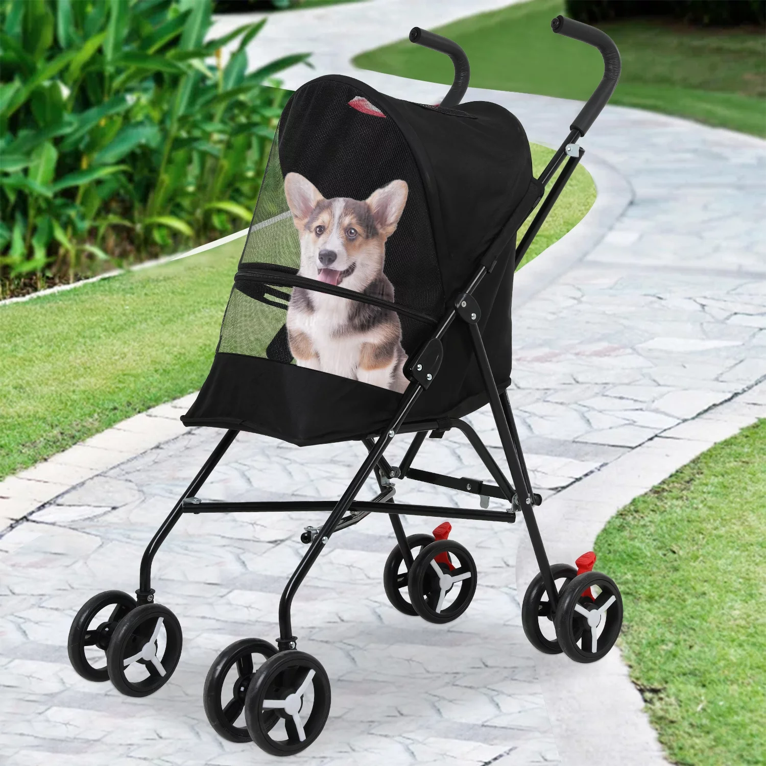 Pet Stroller Dog Cat Stroller with Handlebars Canopy Breathable Mesh & Leash Seat Belt Foldable Puppy Stroller for Small Medium Dogs Cats,Black