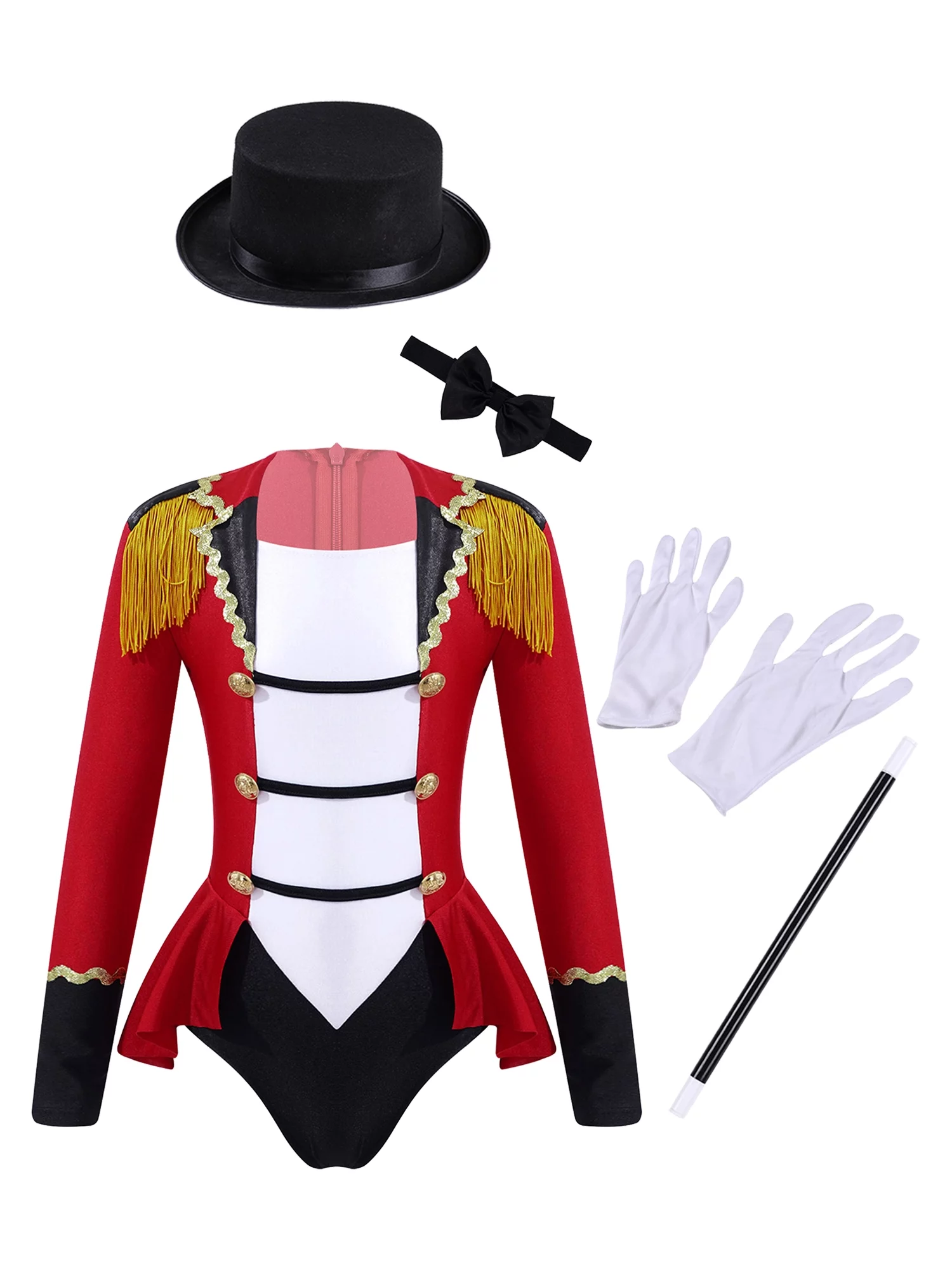 TiaoBug KIds Girls Ringmaster Circus Costume Long Sleeve Tassel Tailcoat Leotard Bodysuit with Bow Tie Hat Magic Wand Gloves Red 10