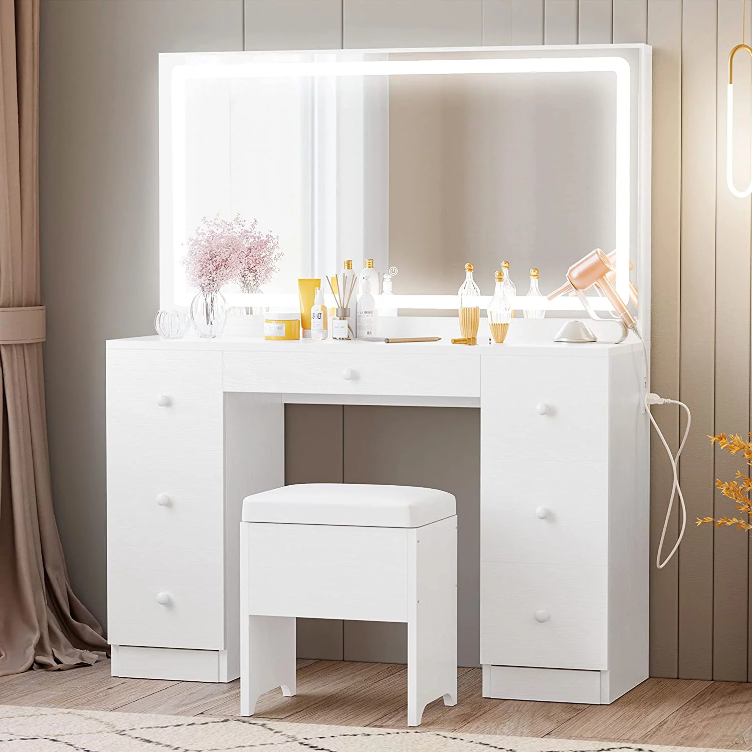 IRONCK Vanity Desk Set with LED Lighted Mirror & Power Outlet, 7 Drawers Makeup Vanities Dressing Table with Stool, for Bedroom, White
