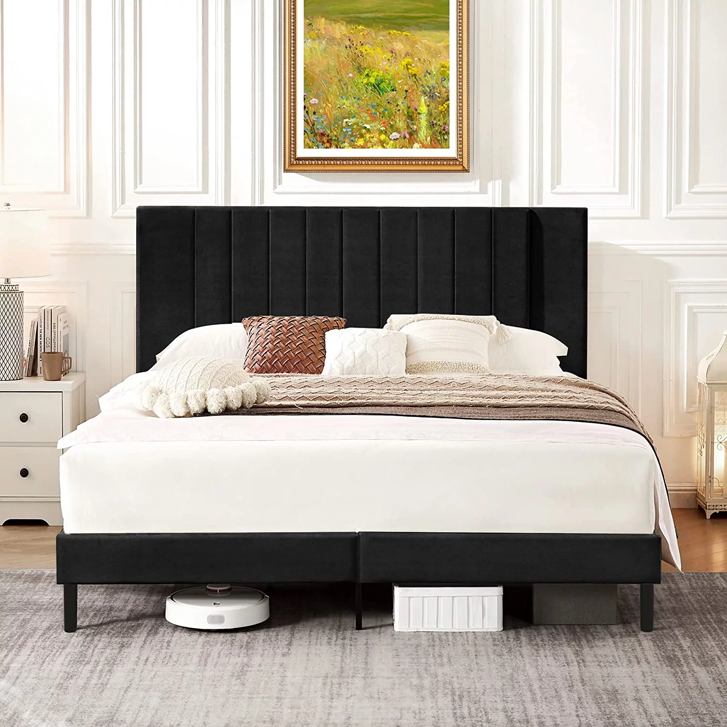 Flolinda Queen Bed Frame Upholstered Bed Frame with Vertical Channel Tufted Complete High Headboard, Black