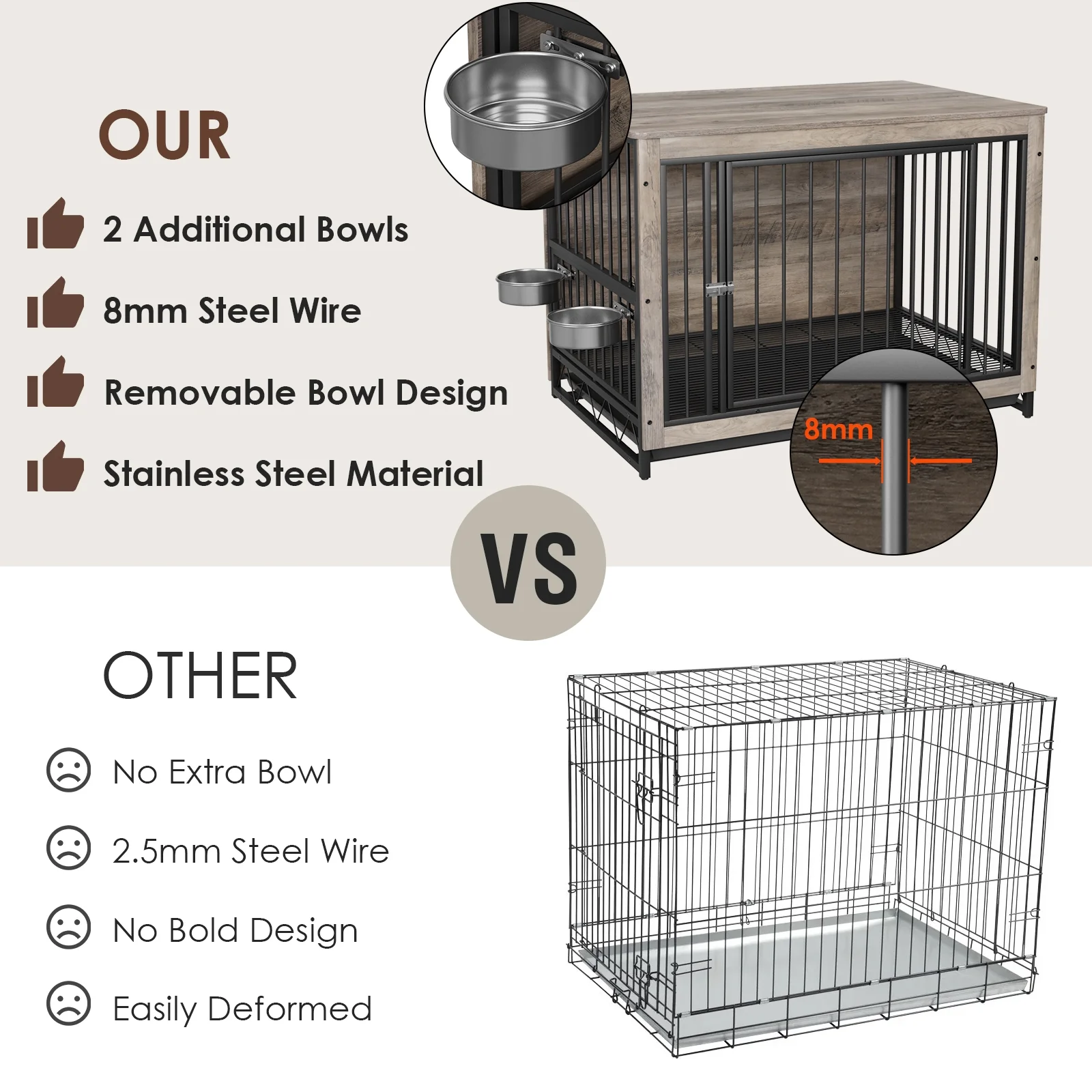 Pirecart  39.4in Wooden Dog Crate Furniture, Dog Kennels with Pull-Out Tray and 2 Bowls