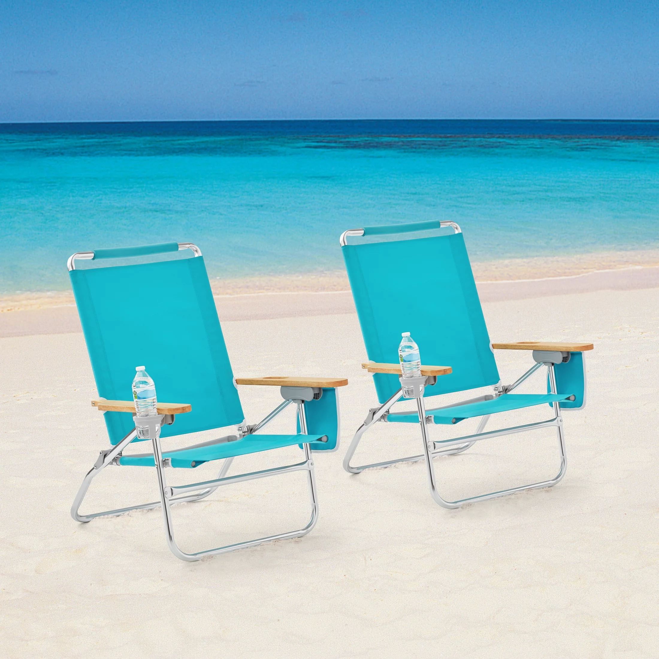 2-Pack Mainstays Wood Arm Reclining Comfort Height Beach Chair, Teal