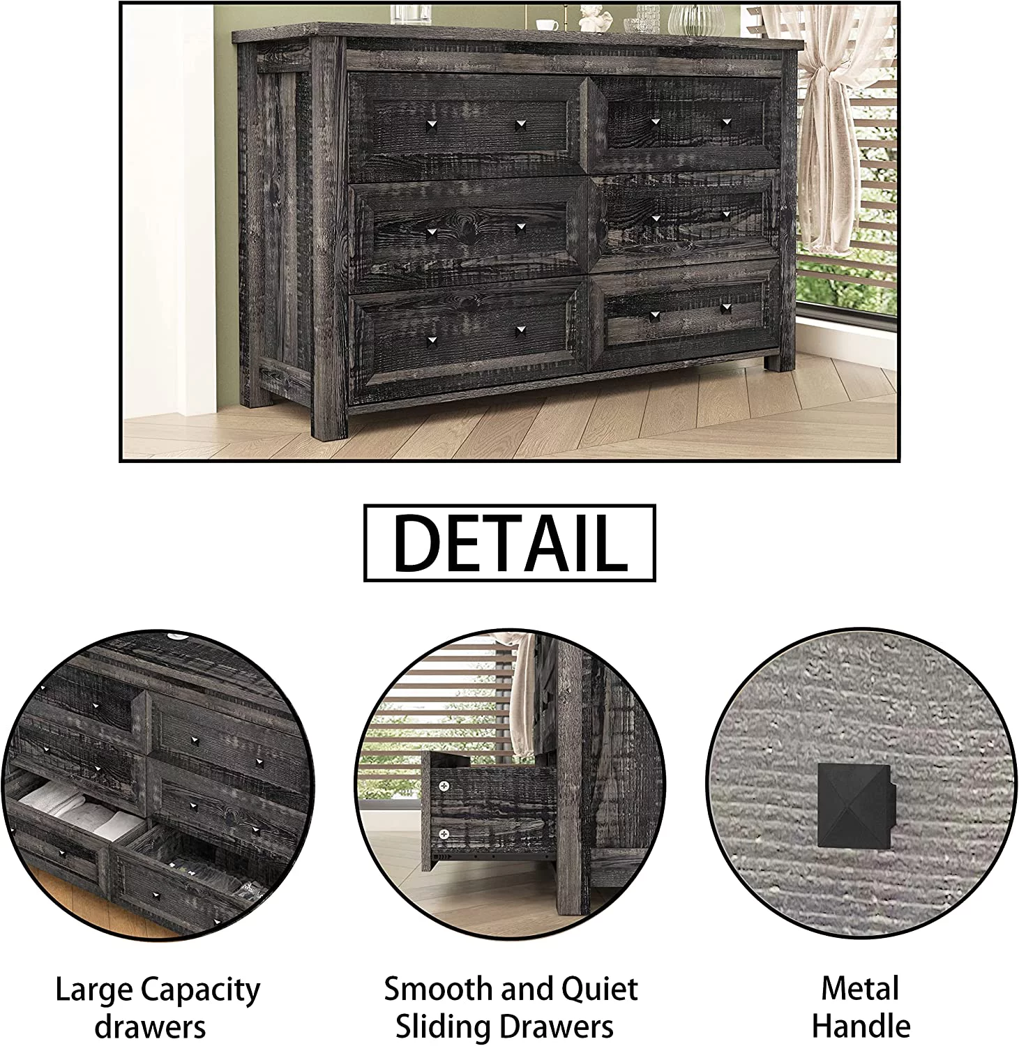 6 Drawer Dresser Chests Farmhouse Storage Chest of Drawers Wood Dresser with Metal Handles Dressers Organizer for Bedroom  Living Room Hallway Dark Rustic Oak