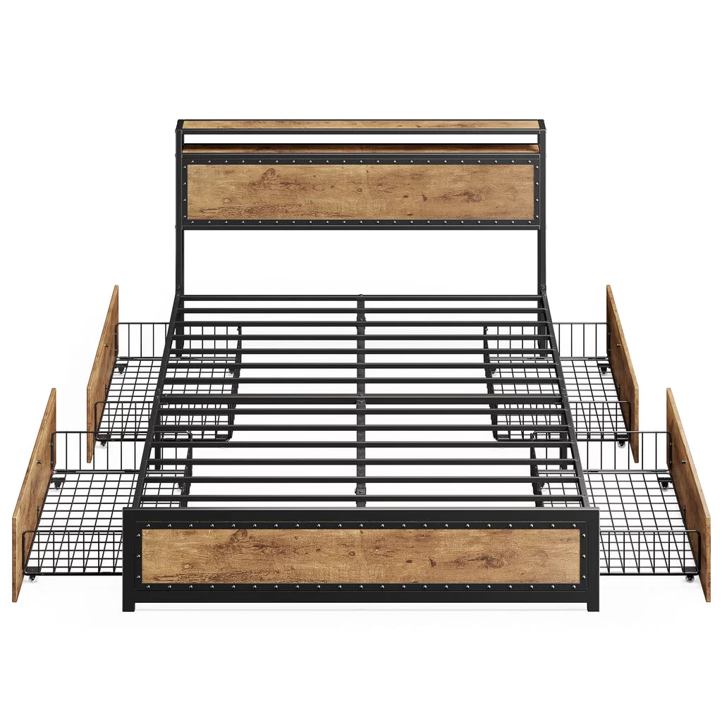 Aiho Queen Size Metal Bed Frame with Drawers and Headboard for Bedroom - Brown