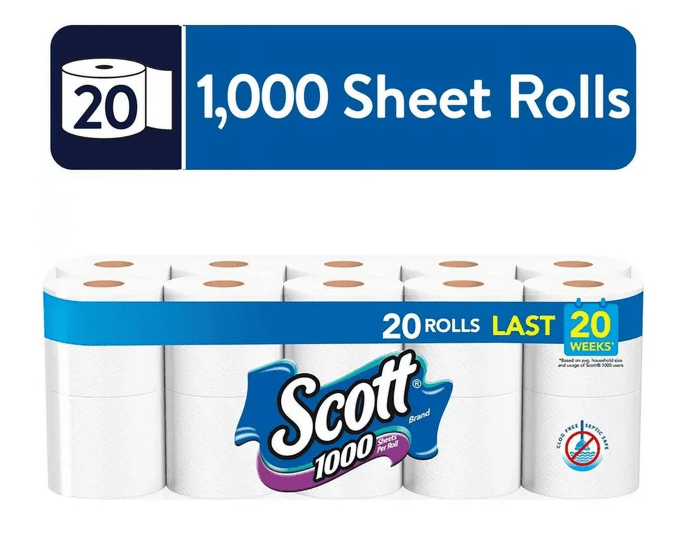 Scott 1,000 Toilet Paper, 20 Rolls, 1,000 Sheets per Roll